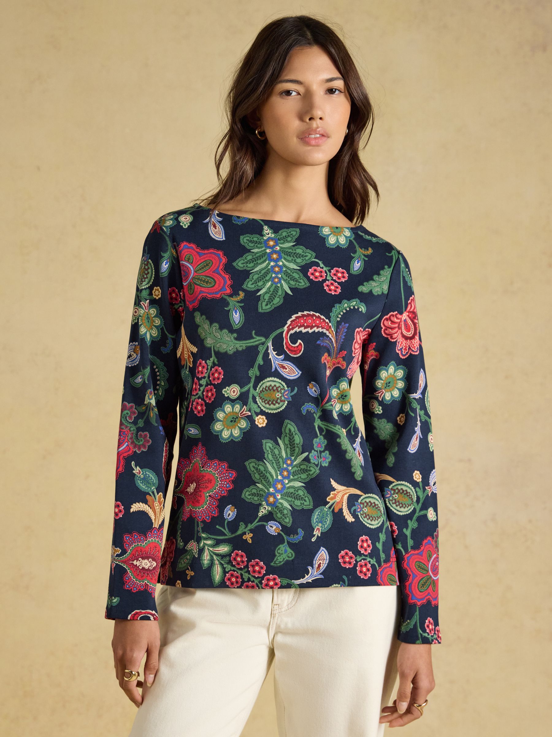 Harbour Navy Floral Printed Boat Neck 100% Cotton Jersey Top - Image 1 of 8
