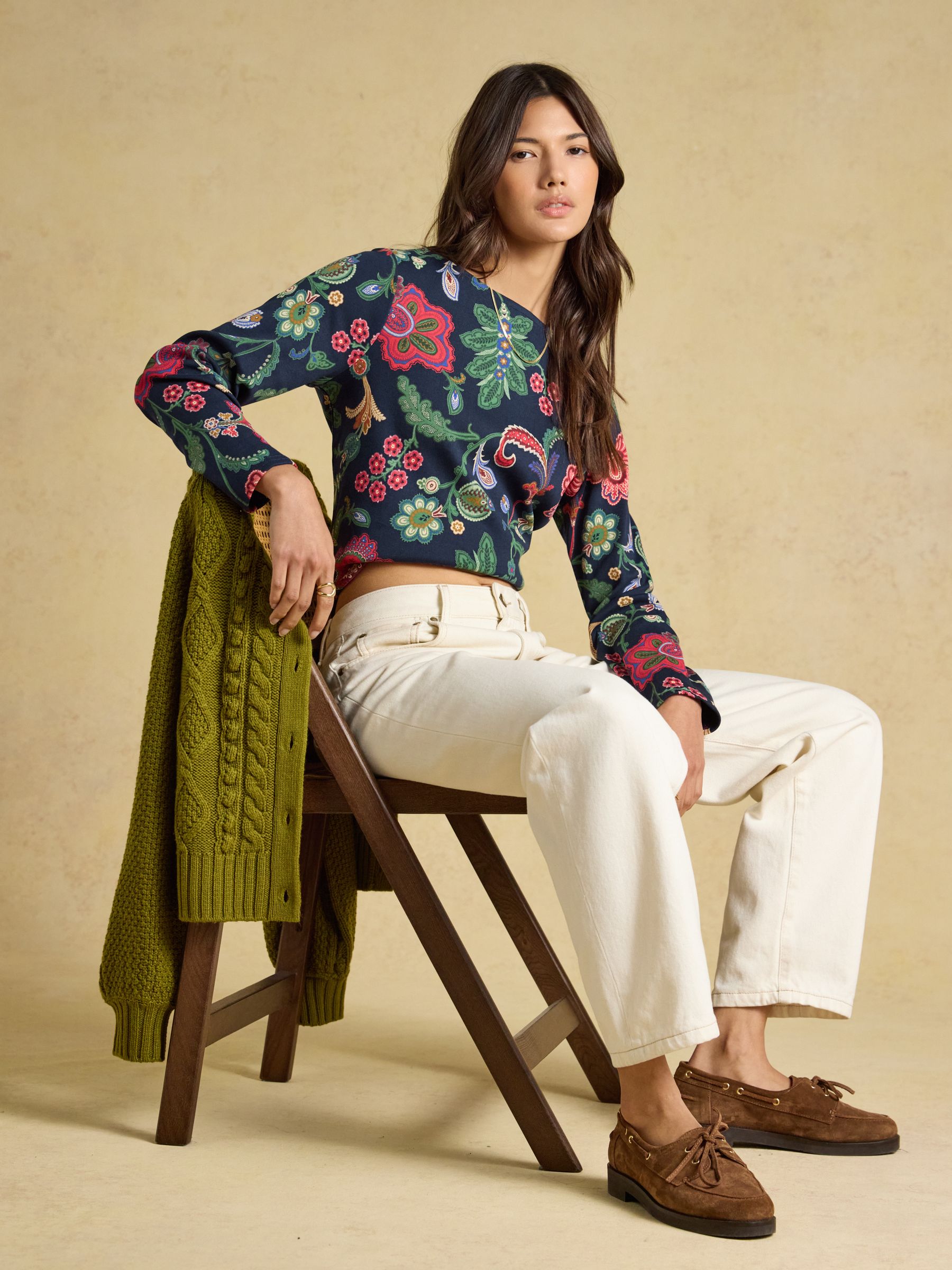 Harbour Navy Floral Printed Boat Neck 100% Cotton Jersey Top - Image 3 of 8