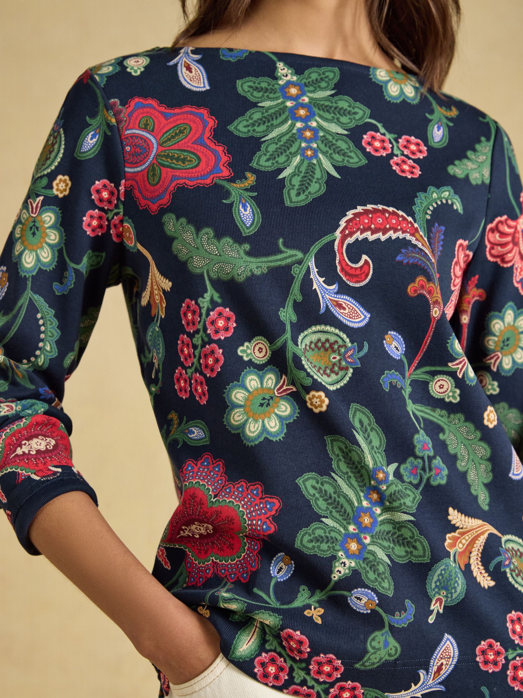 Harbour Navy Floral Printed Boat Neck 100% Cotton Jersey Top - Image 4 of 8