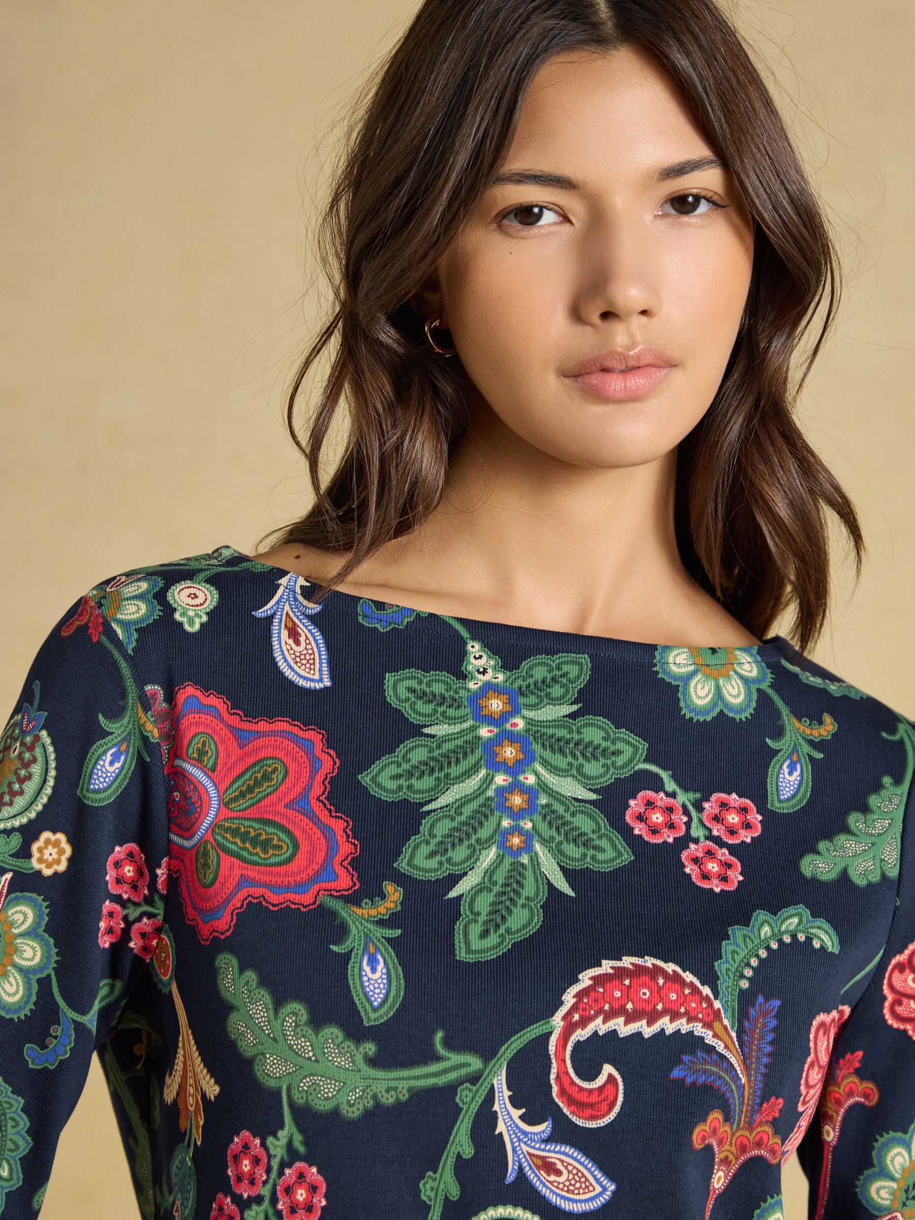 Harbour Navy Floral Printed Boat Neck 100% Cotton Jersey Top - Image 6 of 8