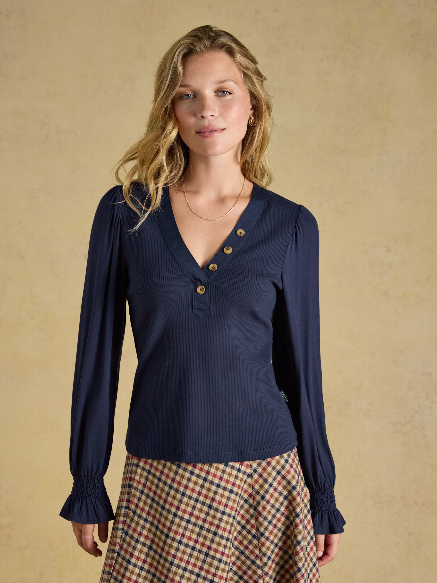 Eloise Navy Ribbed Cotton Rich Jersey Top with Viscose Sleeves - Image 1 of 7 Eloise Navy Ribbed Cotton Rich Jersey Top with Viscose Sleeves - Image 1 of 7