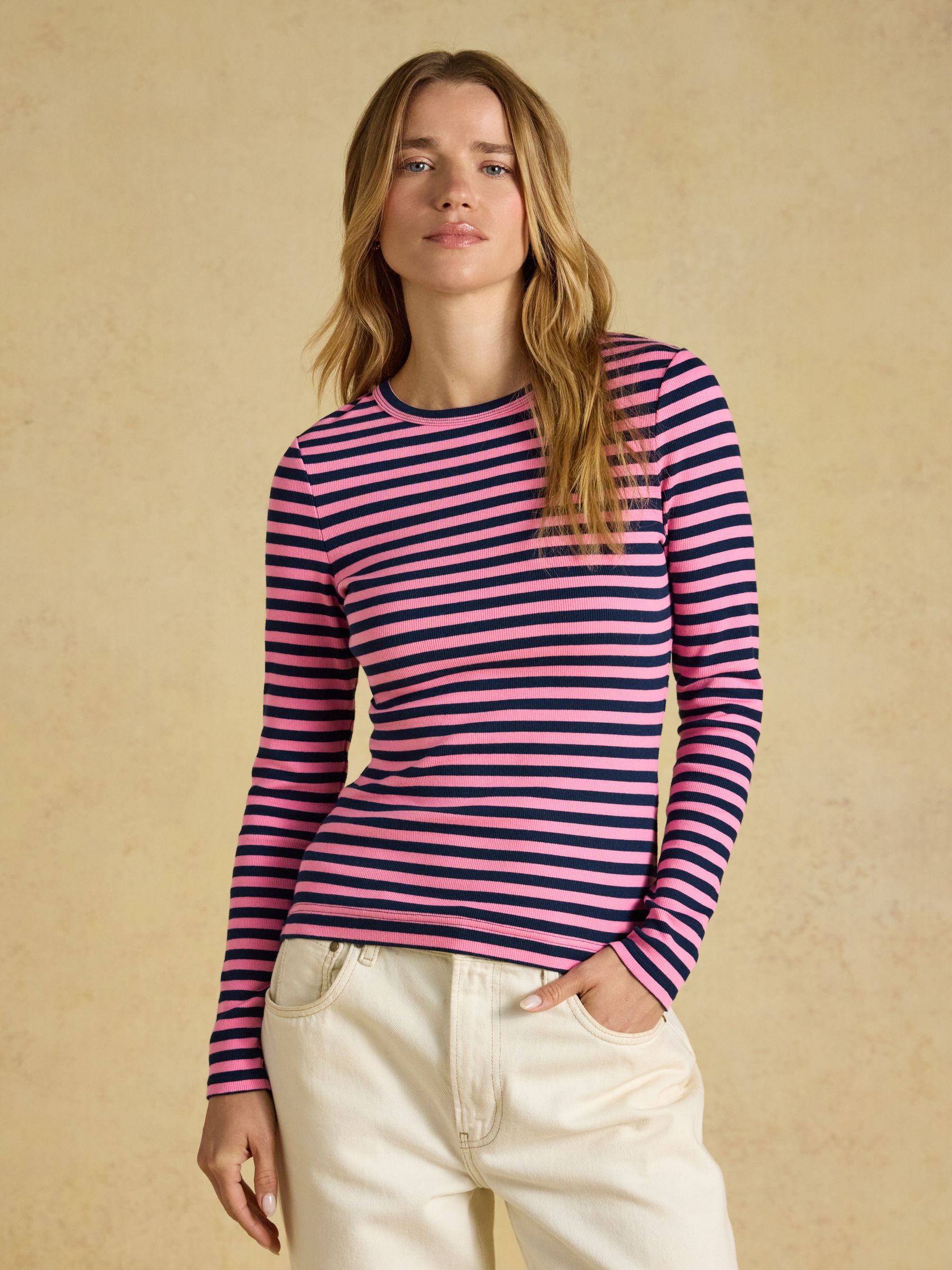 Sophie Navy& Pink Striped Long Sleeve Ribbed Fitted T-Shirt - Image 1 of 7