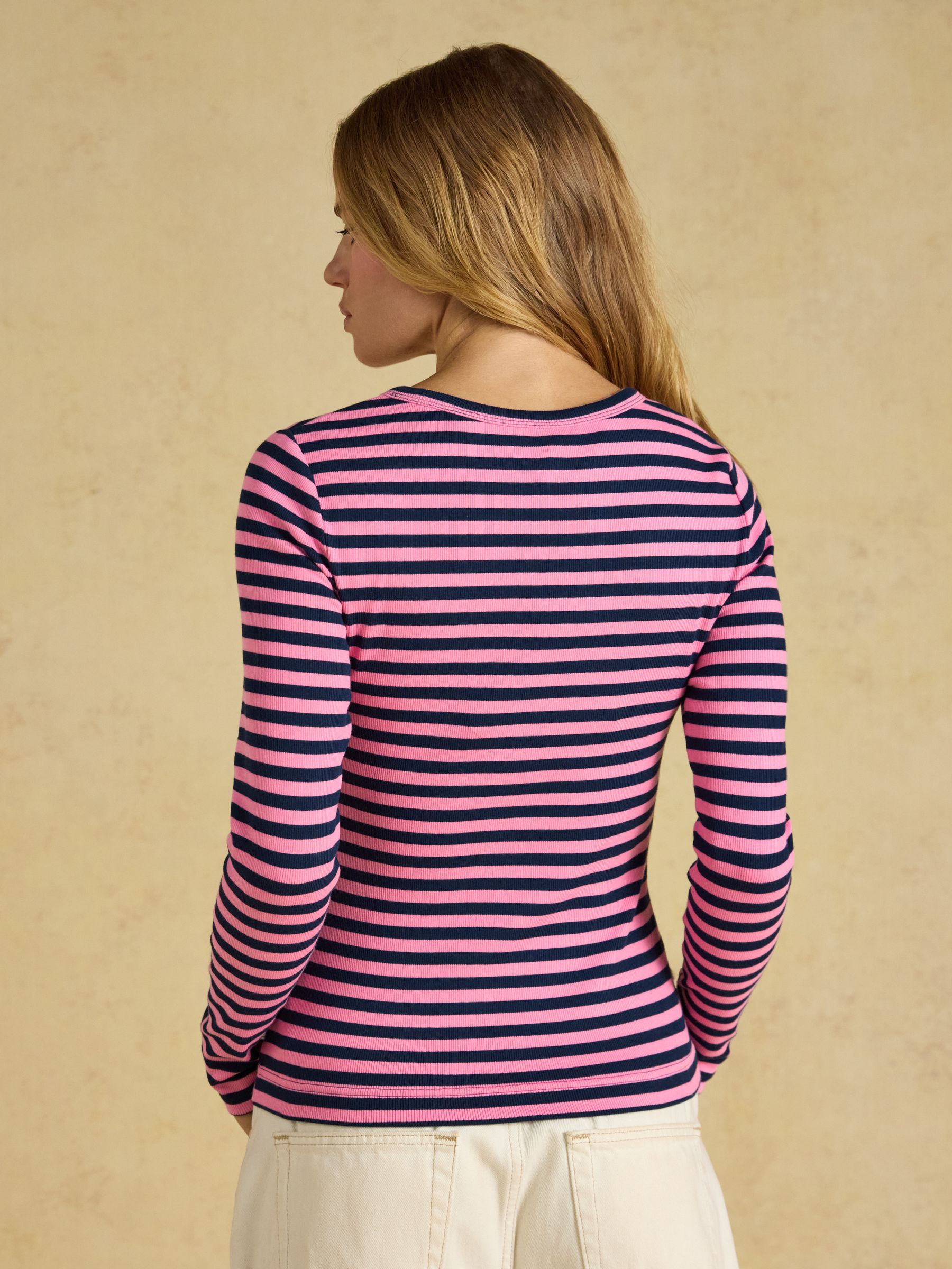 Sophie Navy& Pink Striped Long Sleeve Ribbed Fitted T-Shirt - Image 2 of 7 Sophie Navy& Pink Striped Long Sleeve Ribbed Fitted T-Shirt - Image 2 of 7
