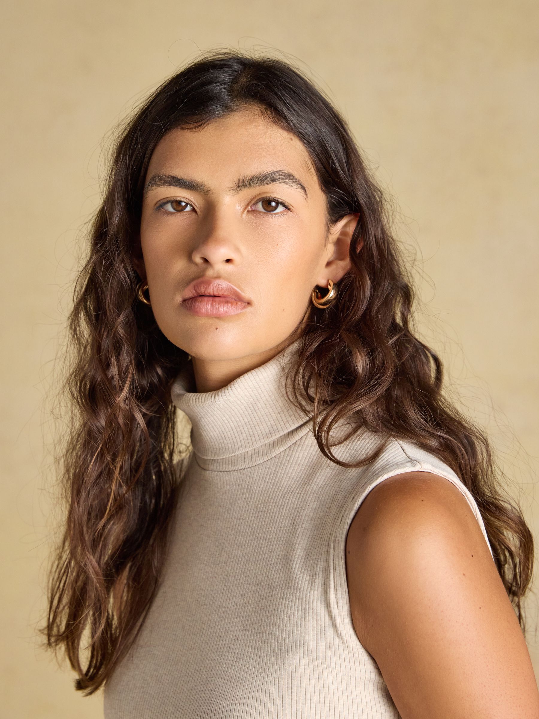 Oat Marl Ribbed Cotton Rich Sleeveless Roll Neck - Image 4 of 8
