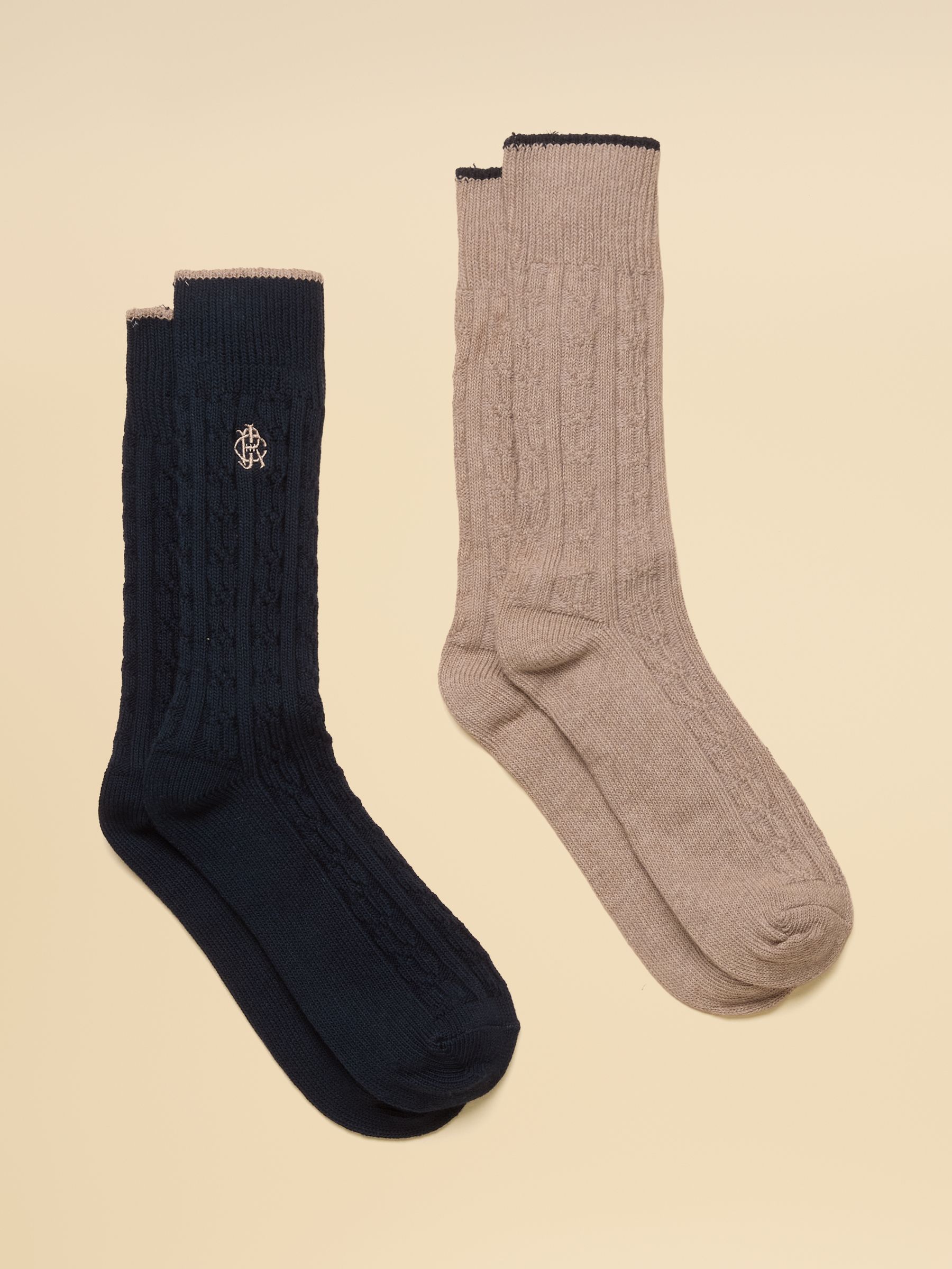 Men's Cable Knit Navy & Tan Socks 2 Pack - Image 1 of 3