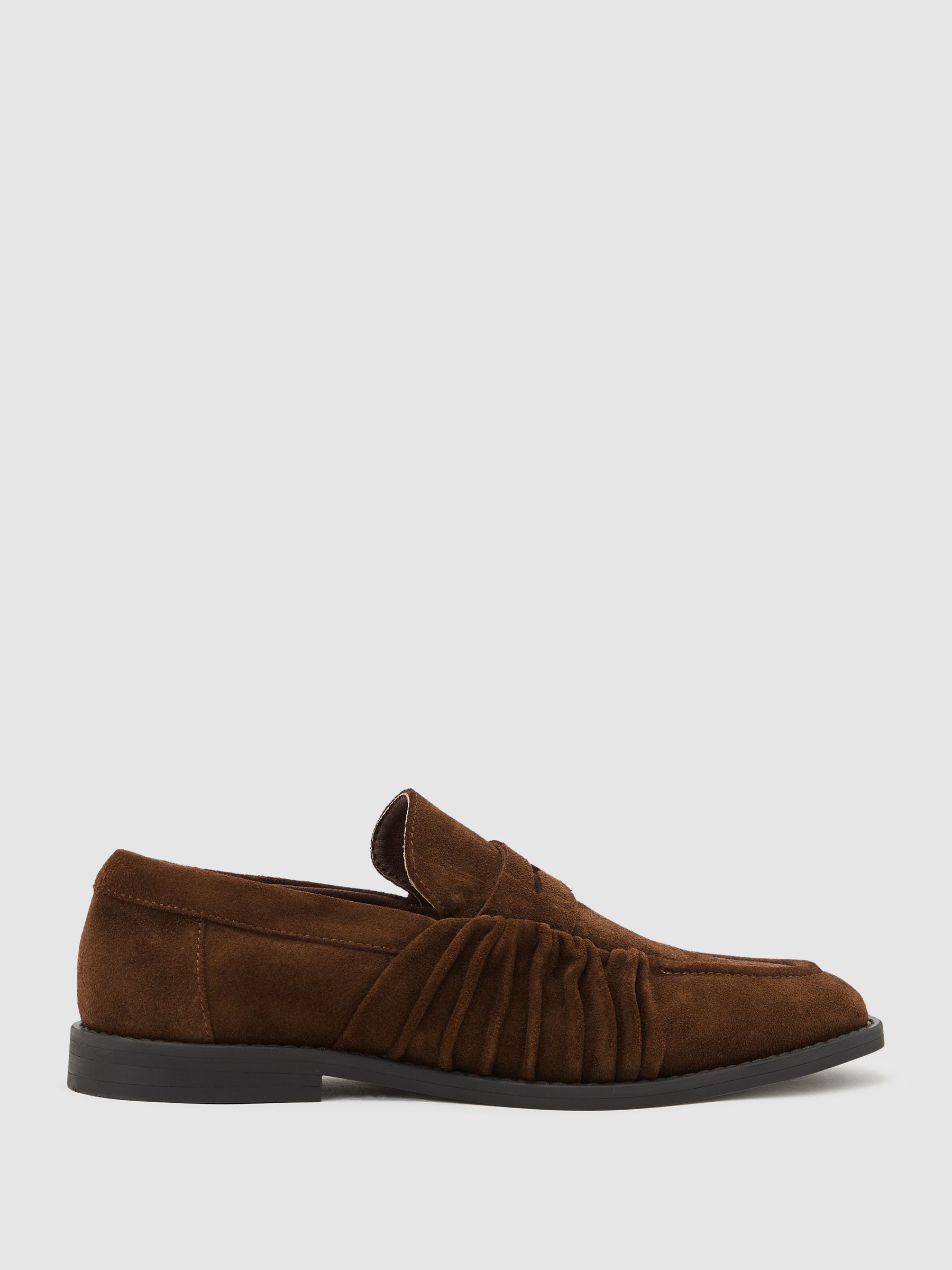 Suede Ruched Penny Loafers in Tan - Image 1 of 5 Suede Ruched Penny Loafers in Tan - Image 1 of 5