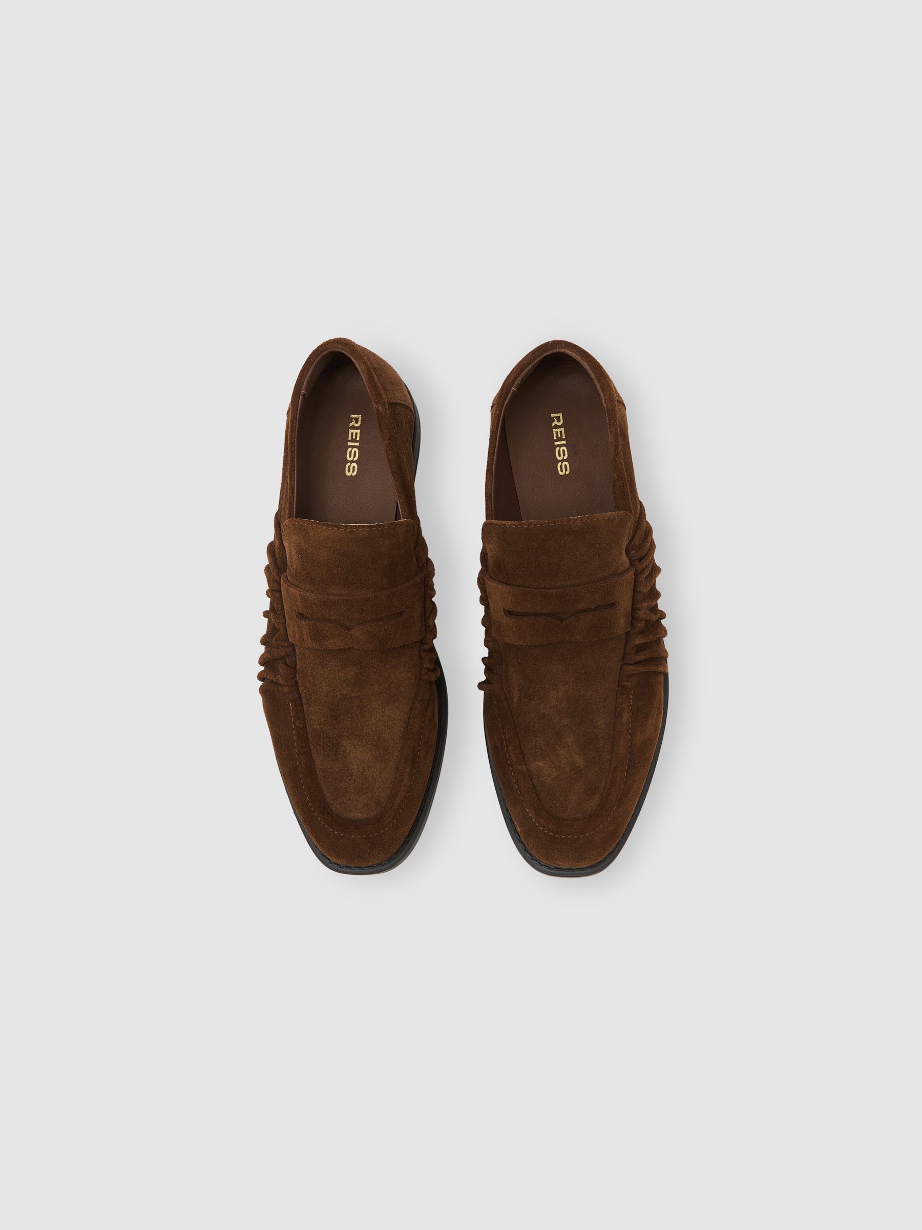 Suede Ruched Penny Loafers in Tan - image 4