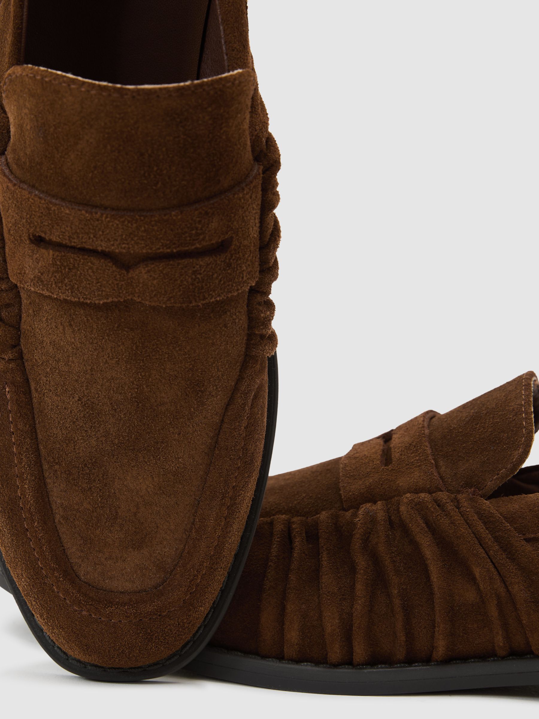 Suede Ruched Penny Loafers in Tan - image 3