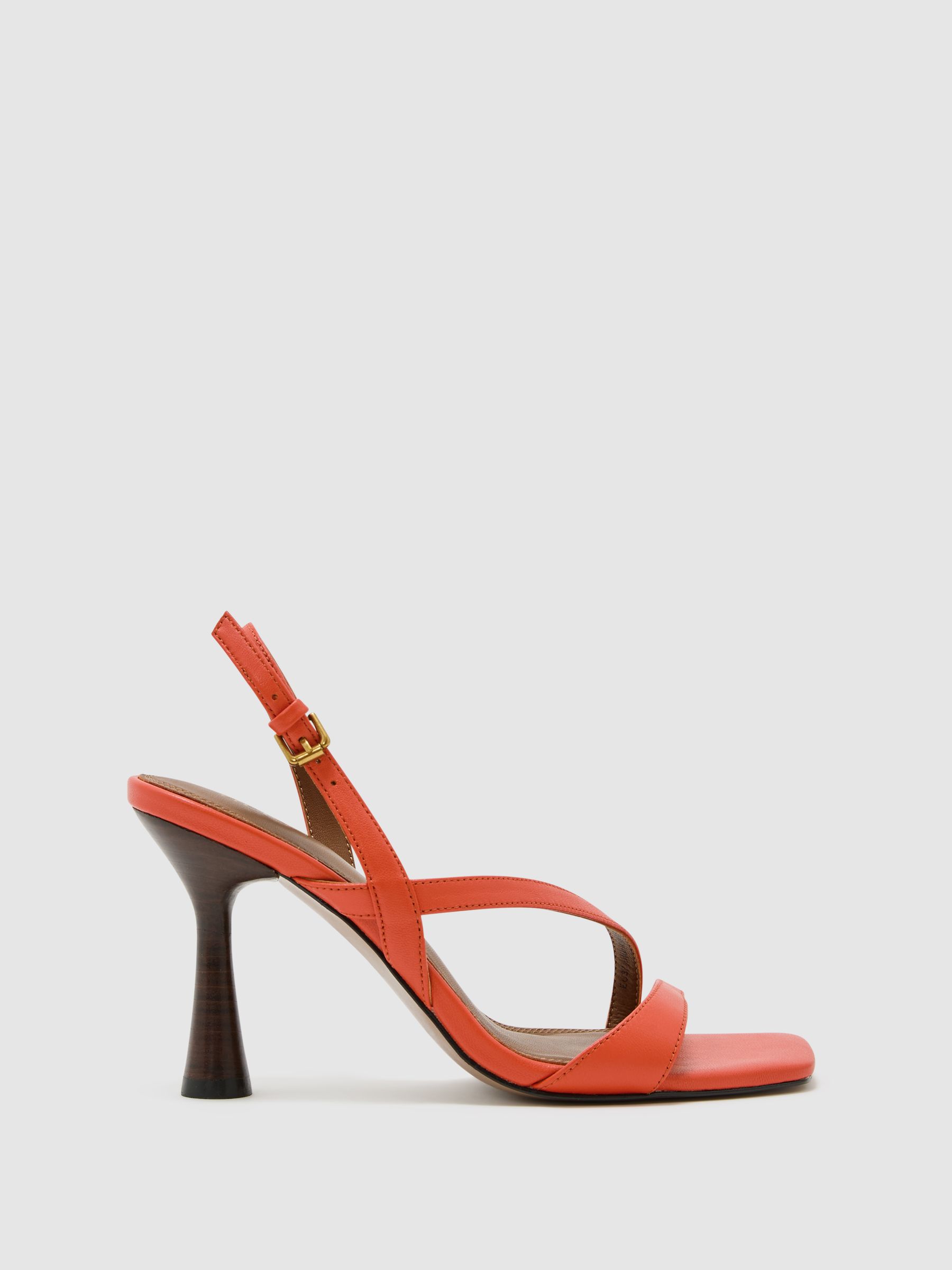 Leather Cross-Strap Heeled Sandals in Coral - Image 1 of 4