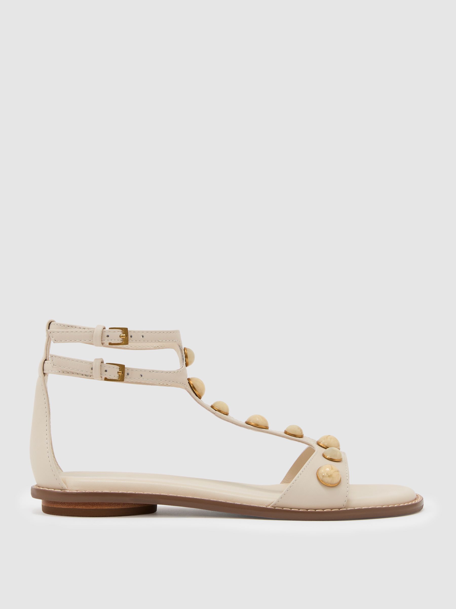 Leather Studded Flat Sandals in Off White - Image 2 of 5