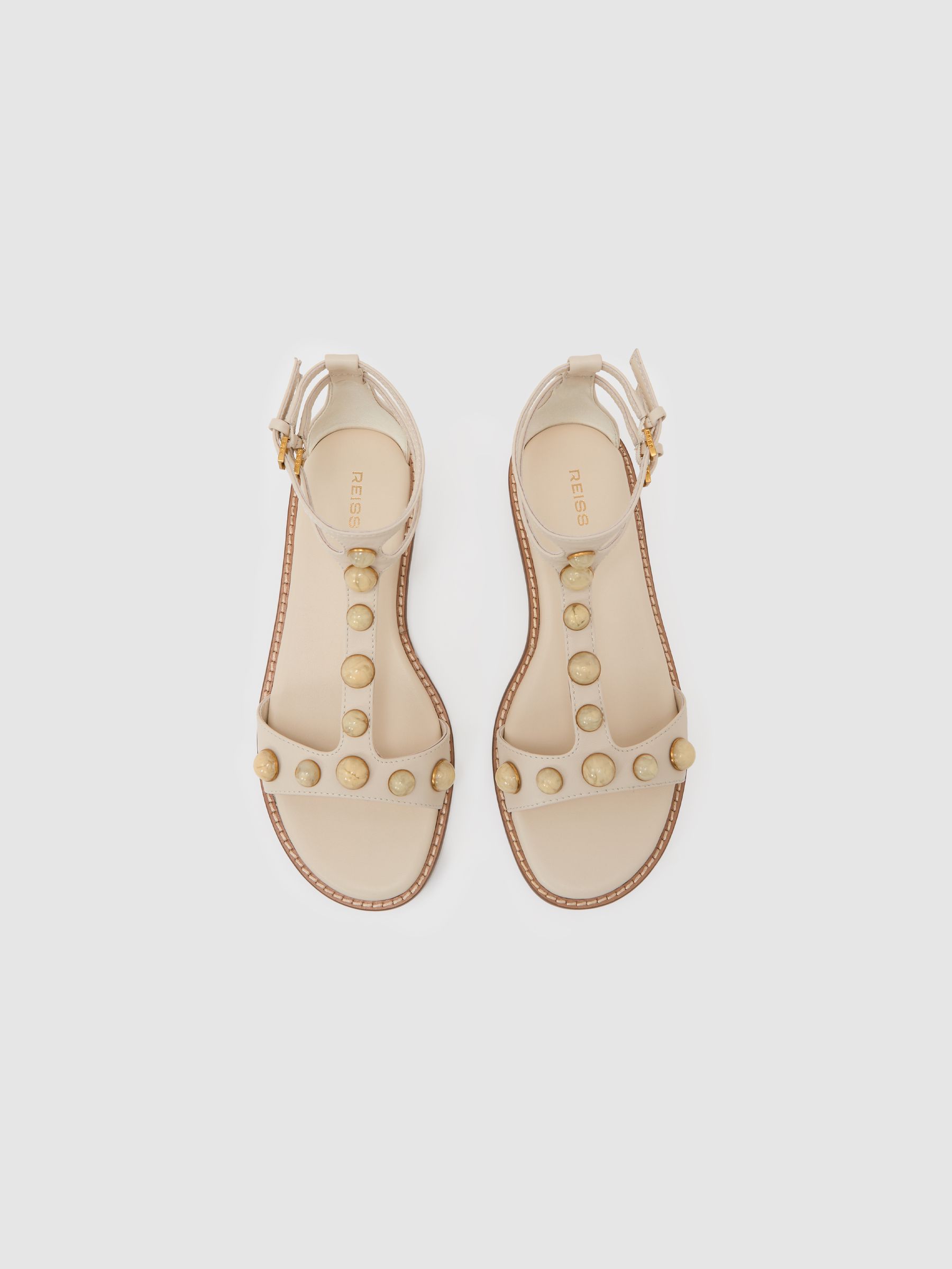 Leather Studded Flat Sandals in Off White - Image 3 of 5