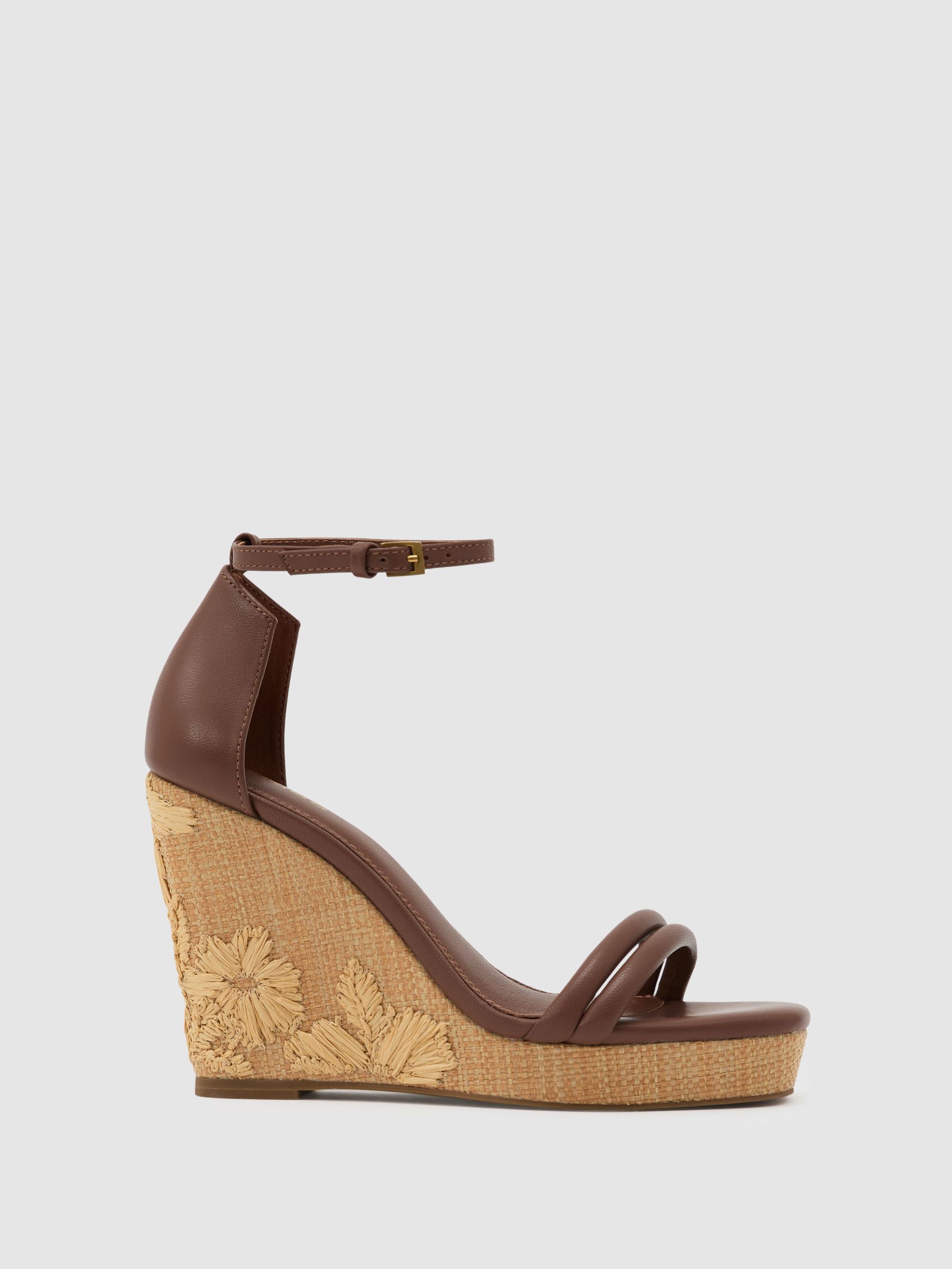 Leather Embroidered-Wedge Sandals in Tan - Image 2 of 6