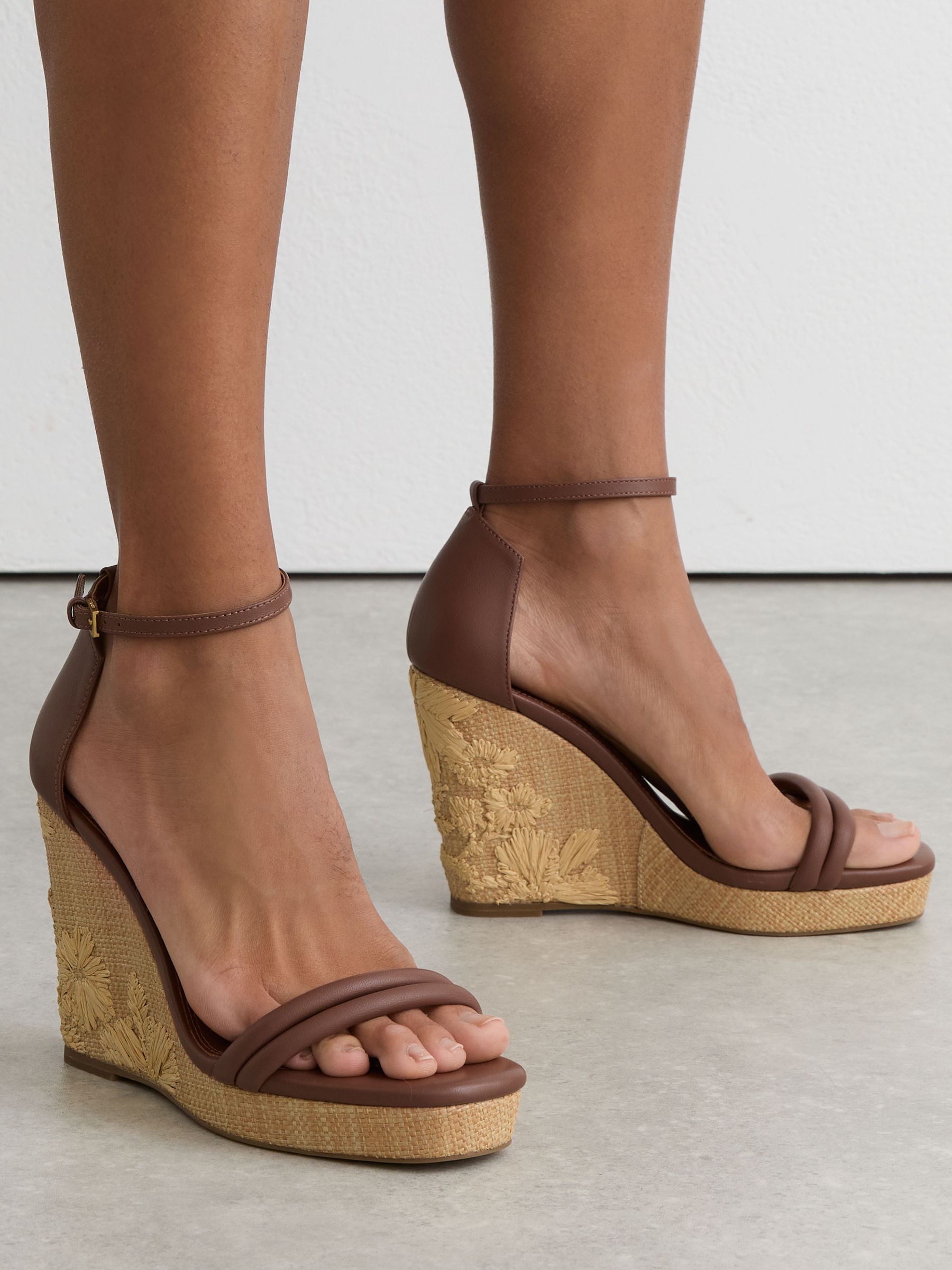 Leather Embroidered-Wedge Sandals in Tan - Image 4 of 6