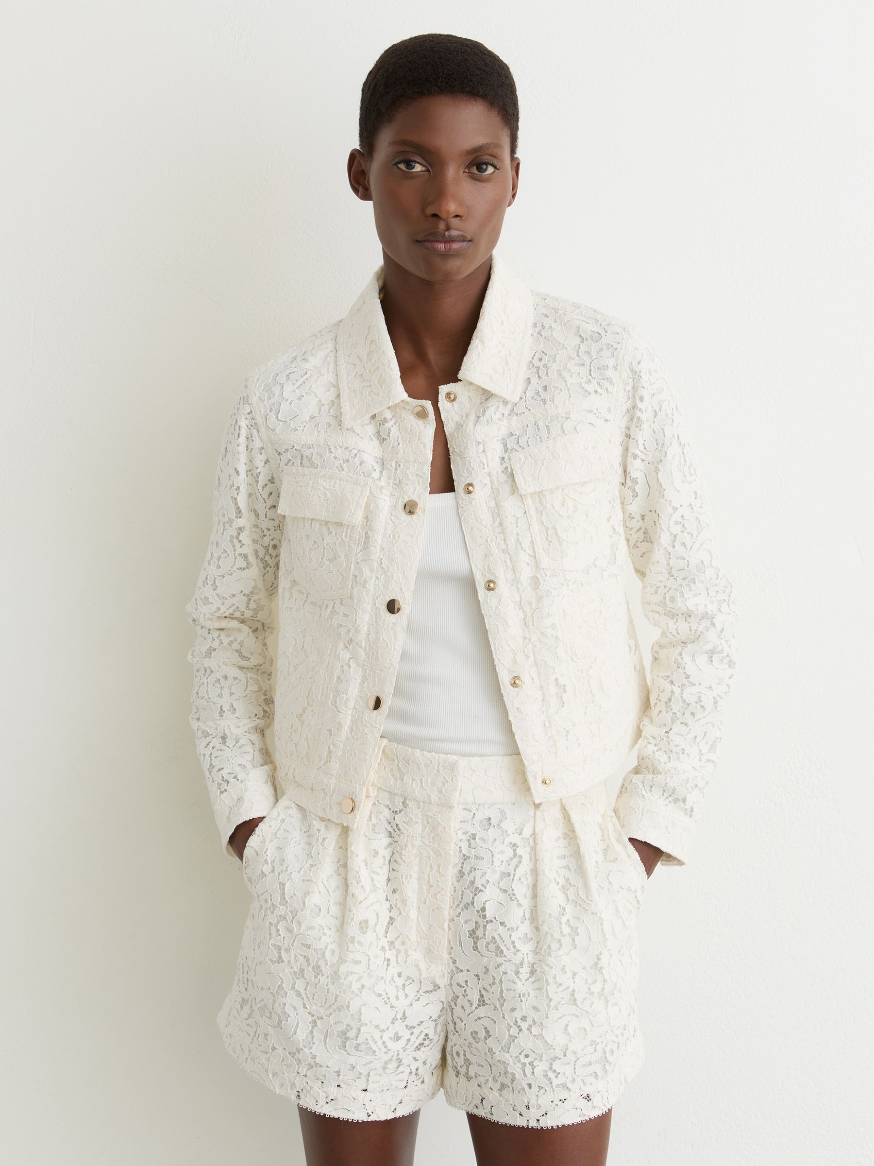 Collared Lace Press-Stud Jacket in White - Image 1 of 6