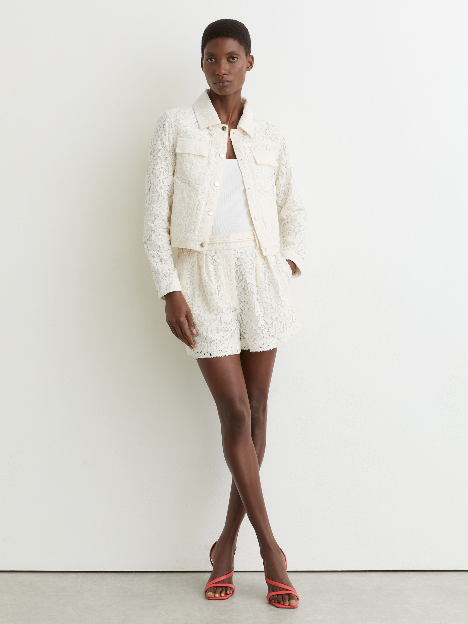 Collared Lace Press-Stud Jacket in White - Image 3 of 6