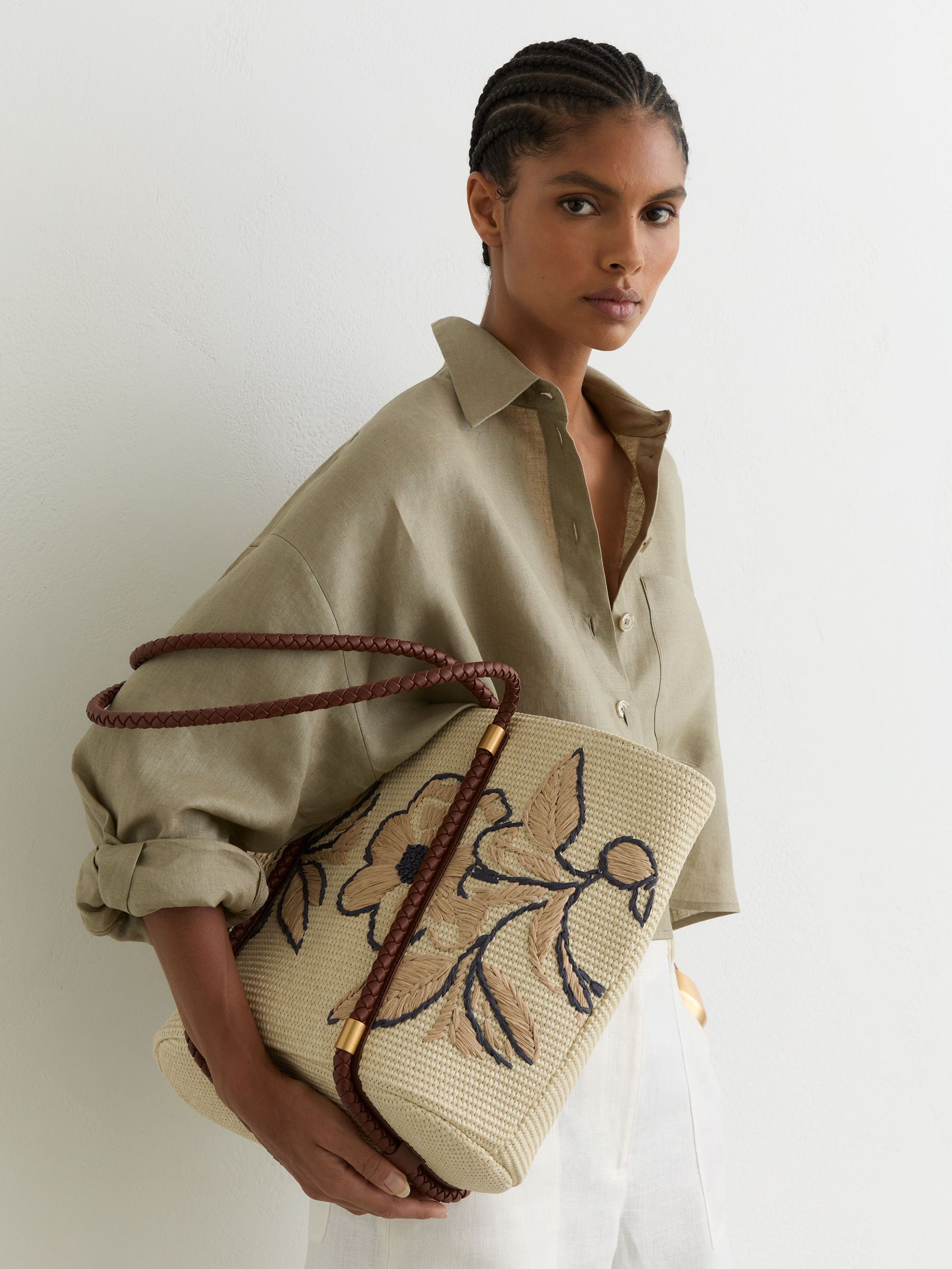 Raffia-effect Embroidered Tote Bag