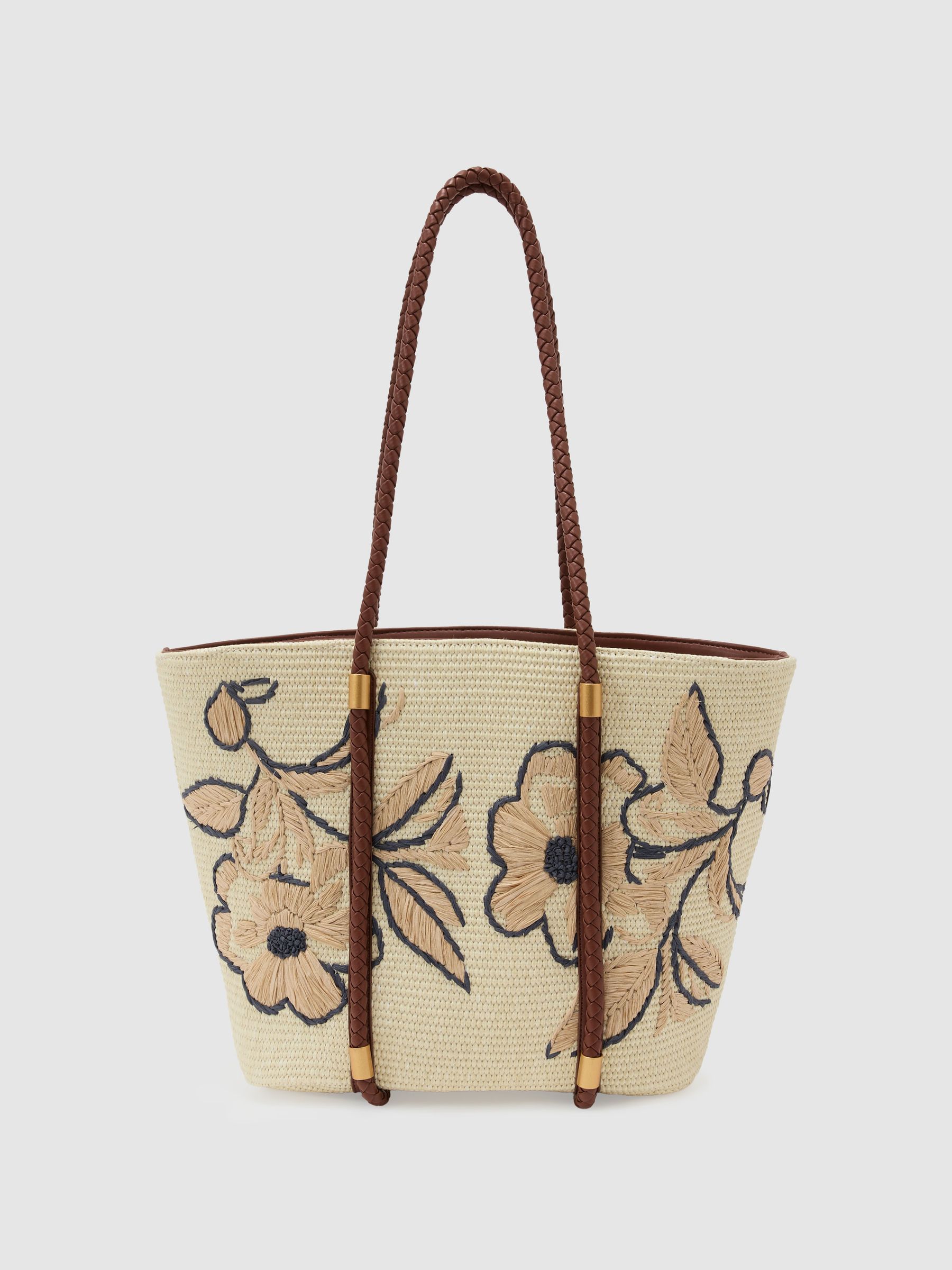Raffia-Effect Embroidered Tote Bag in Natural - image 1