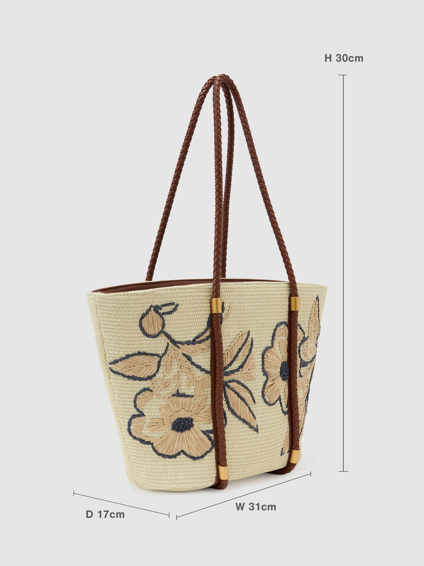 Raffia-Effect Embroidered Tote Bag in Natural - image 5