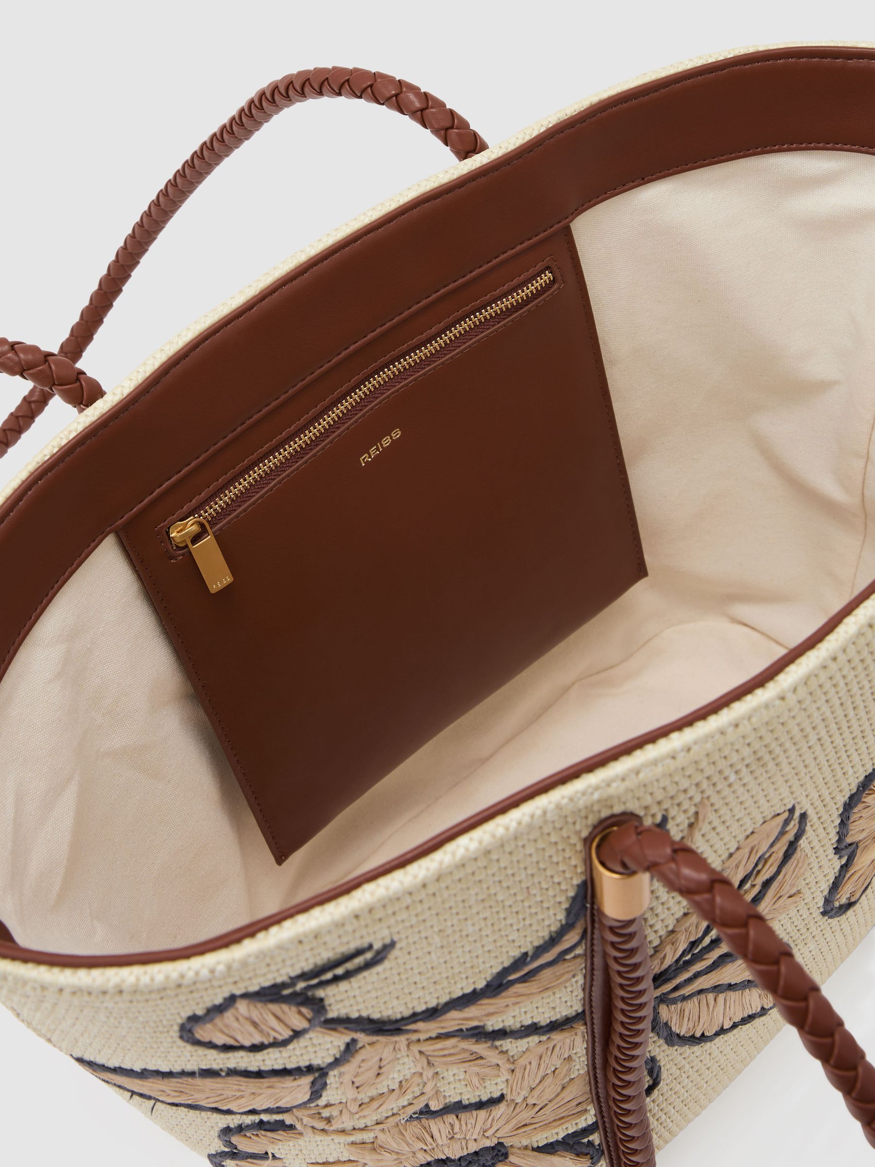 Raffia-Effect Embroidered Tote Bag in Natural - image 4