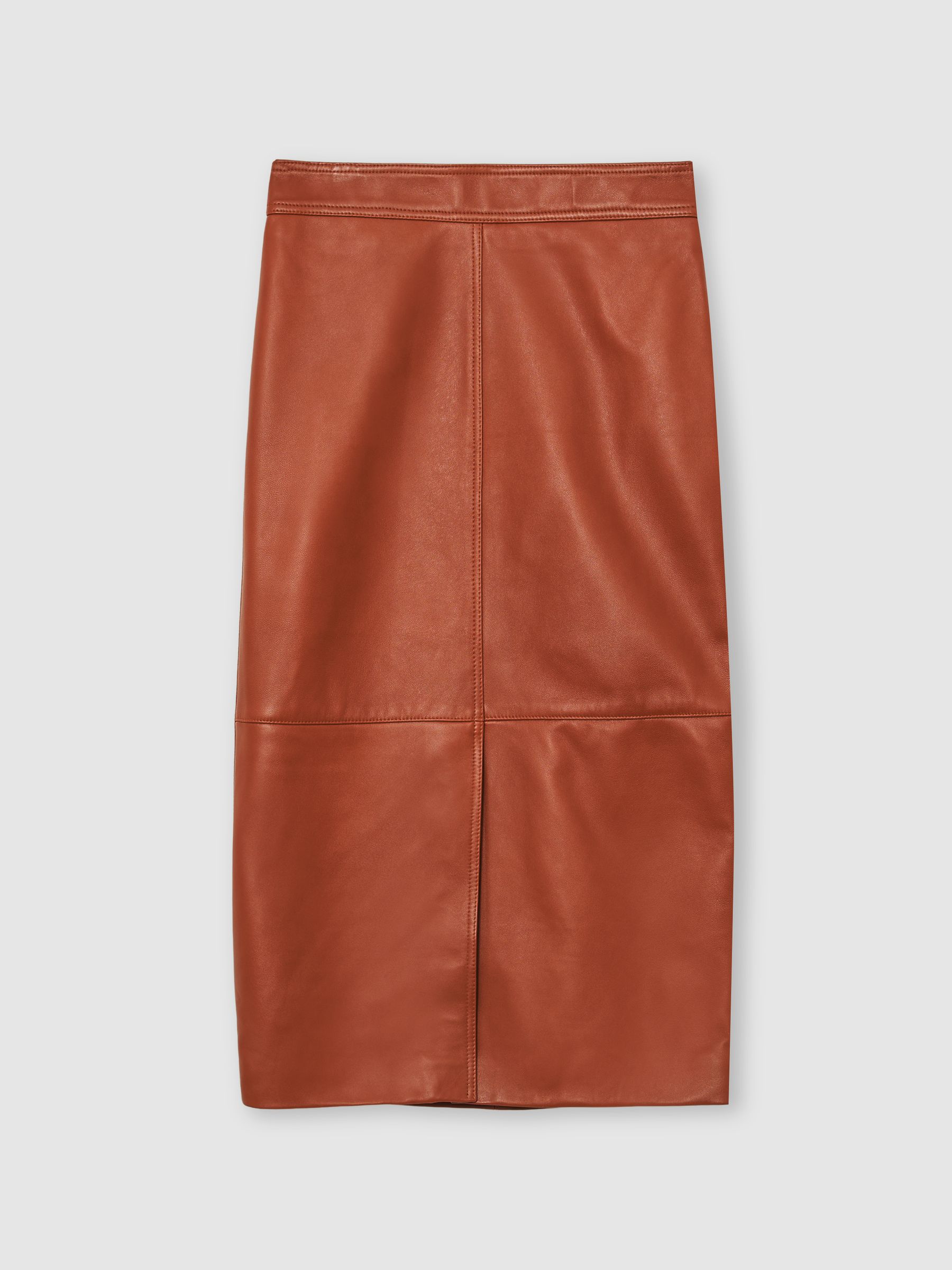 Leather Midi Pencil Skirt in Rust Orange