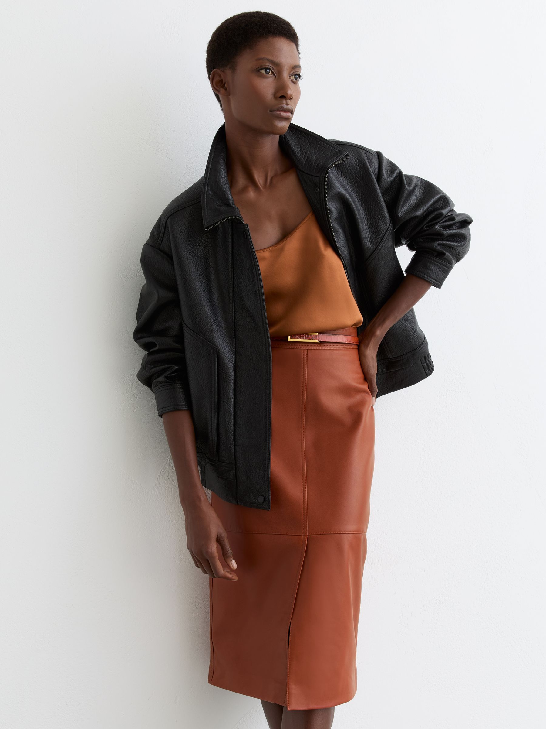 Leather Midi Pencil Skirt in Rust Orange - Image 3 of 7