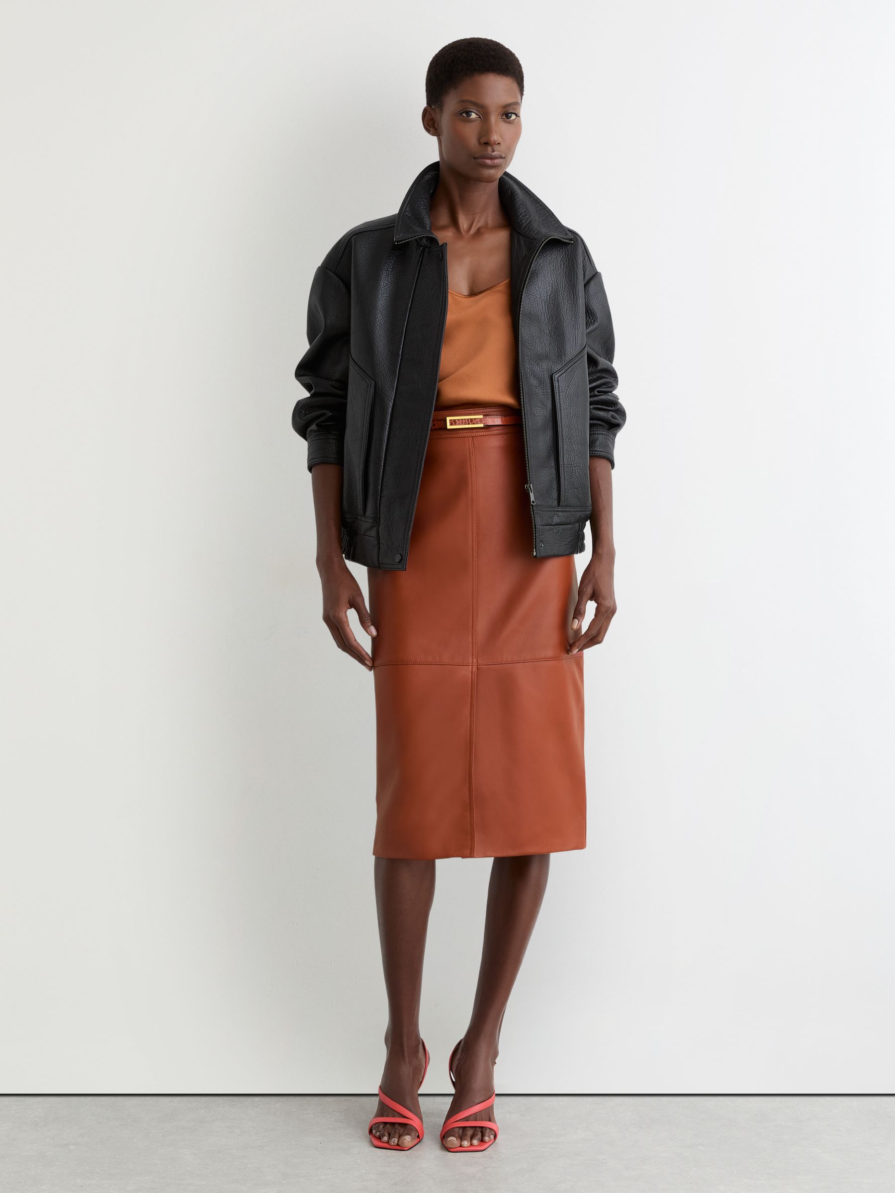 Leather Midi Pencil Skirt in Rust Orange - Image 4 of 7