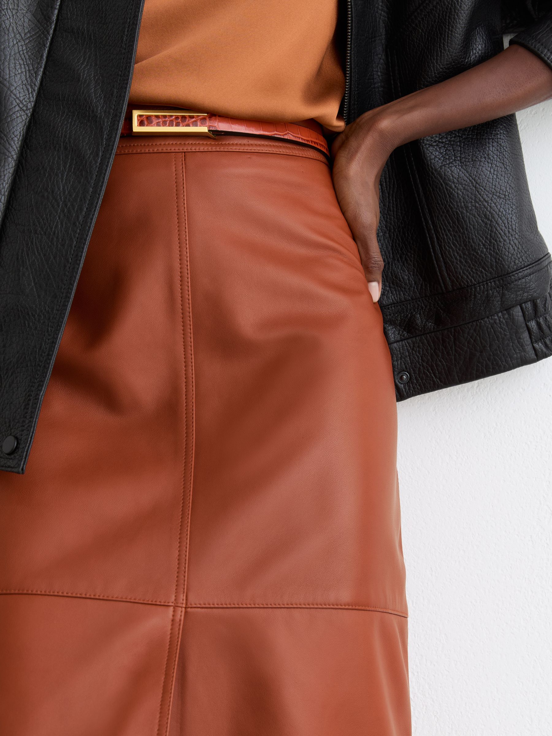 Leather Midi Pencil Skirt in Rust Orange - image 5