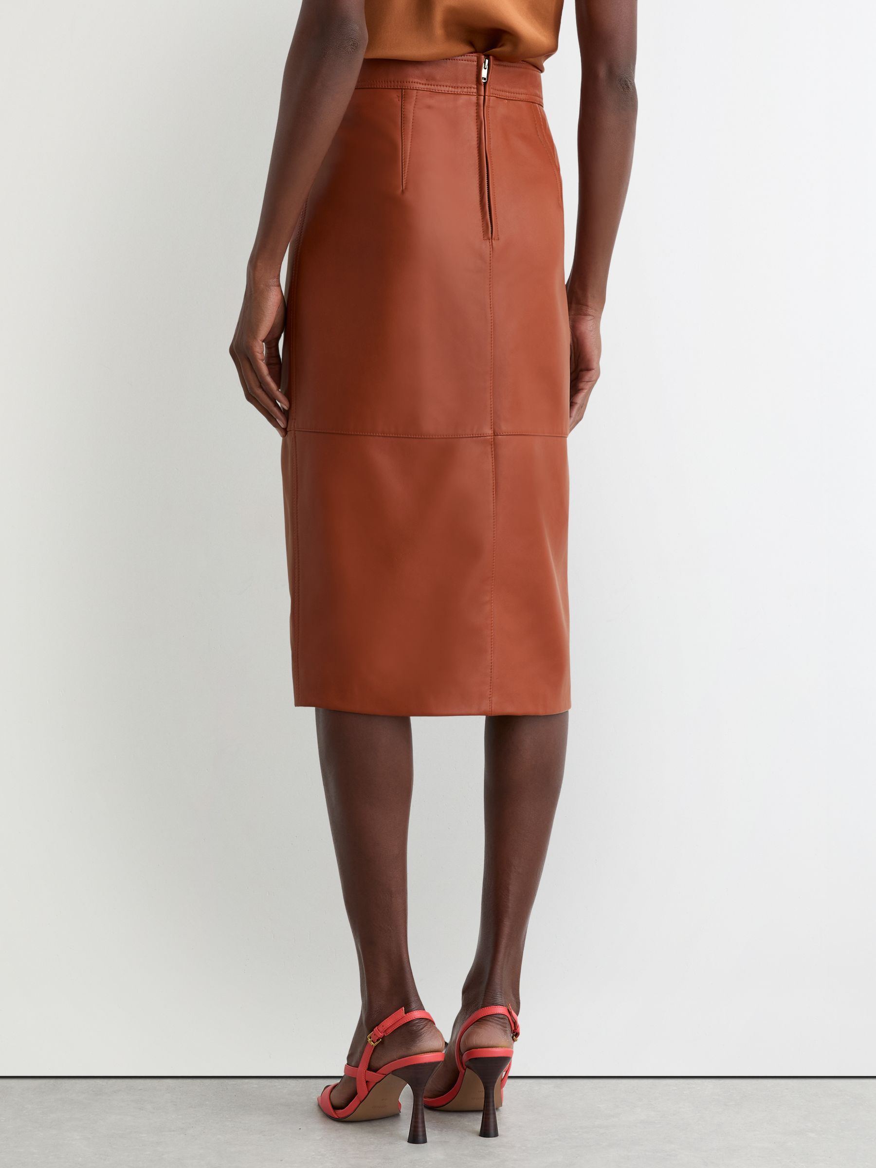 Leather Midi Pencil Skirt in Rust Orange - image 4