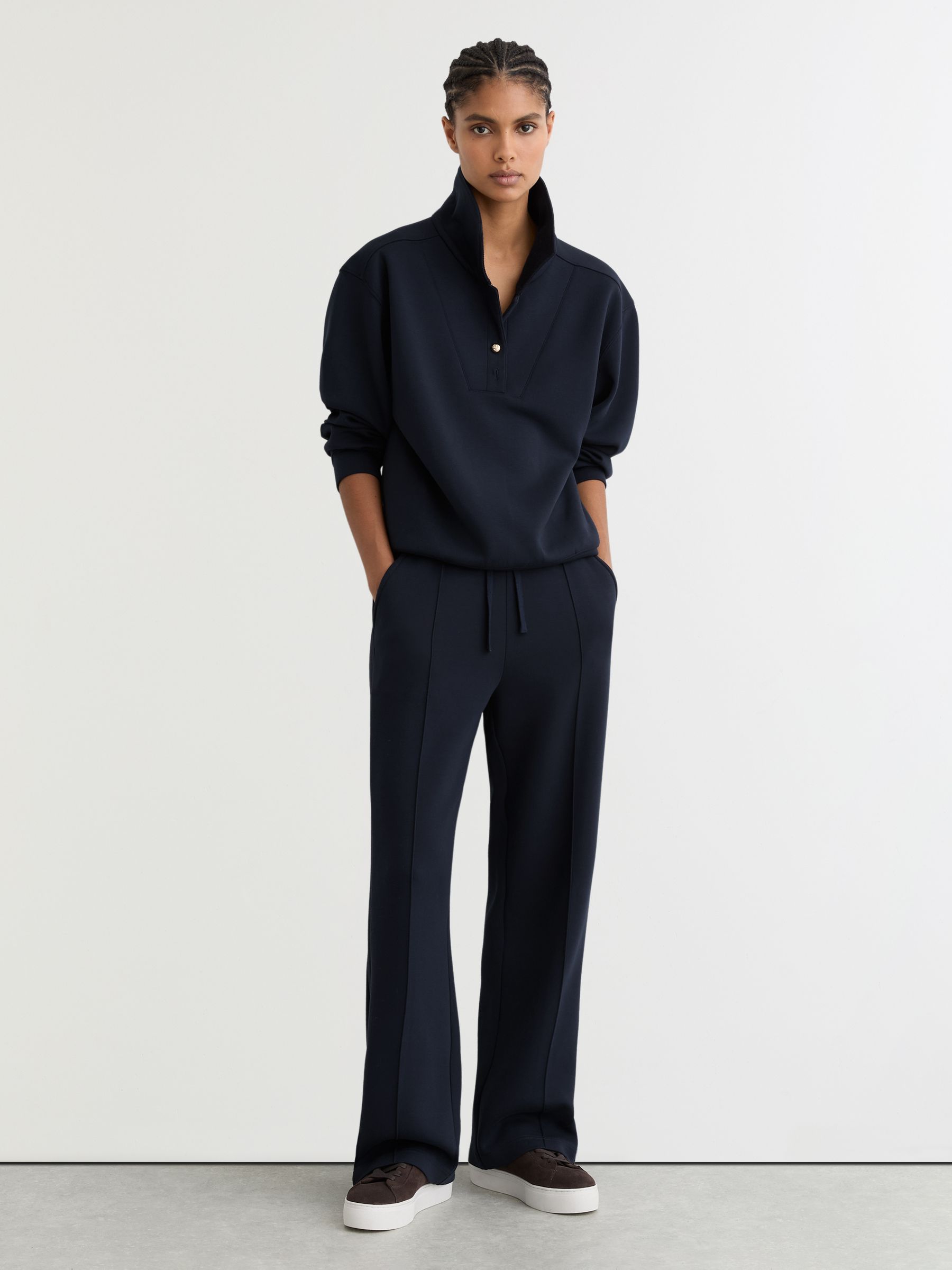 Petite Premium Interlock Wide-Leg Joggers in Navy - Image 1 of 7