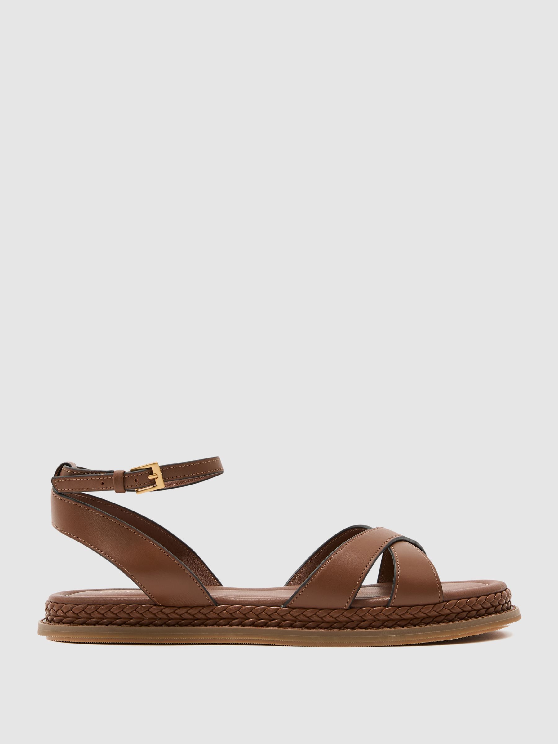 Leather Plaited-Detail Flat Sandals in Tan - image 1