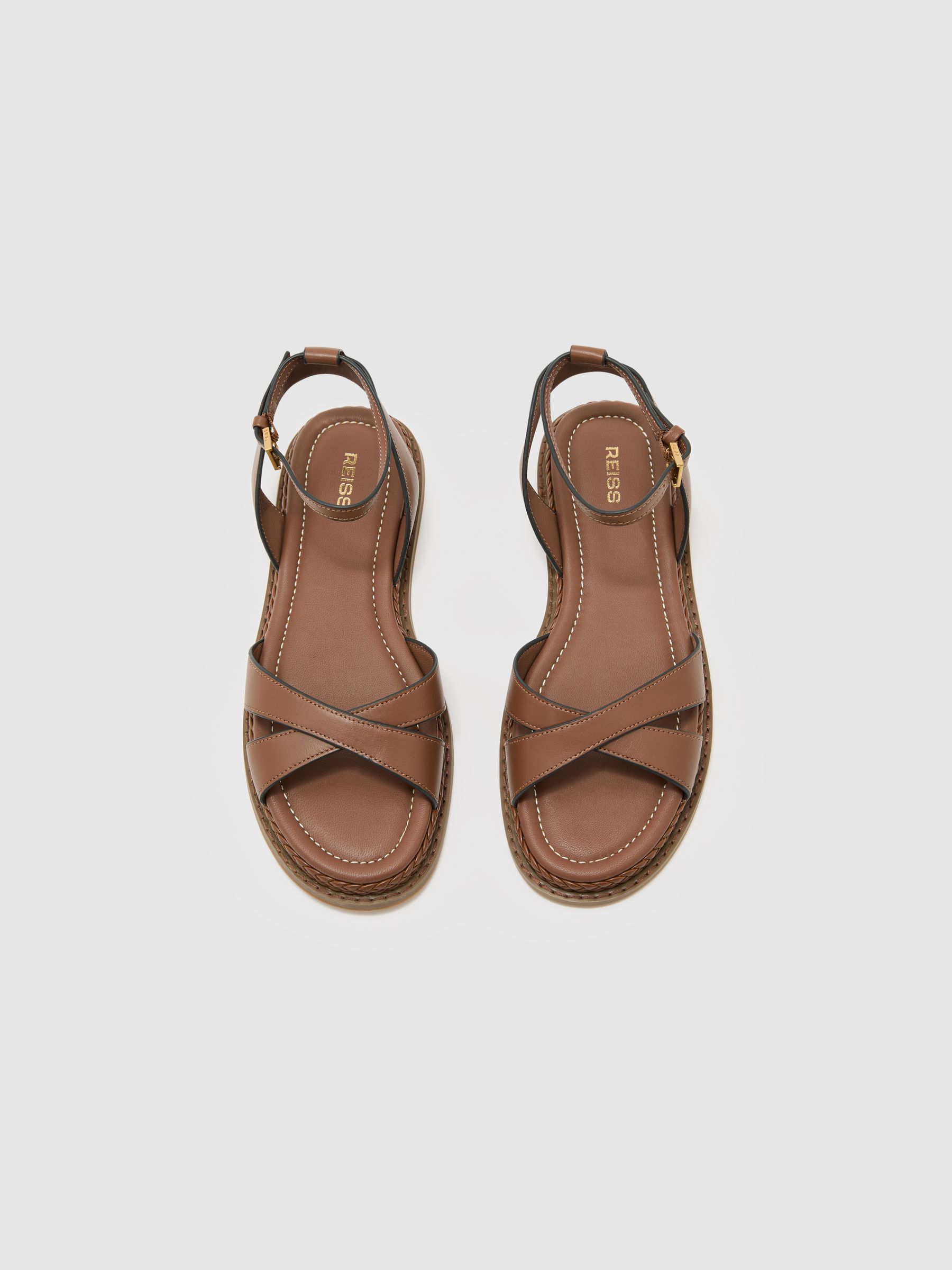 Leather Plaited-Detail Flat Sandals in Tan - image 5