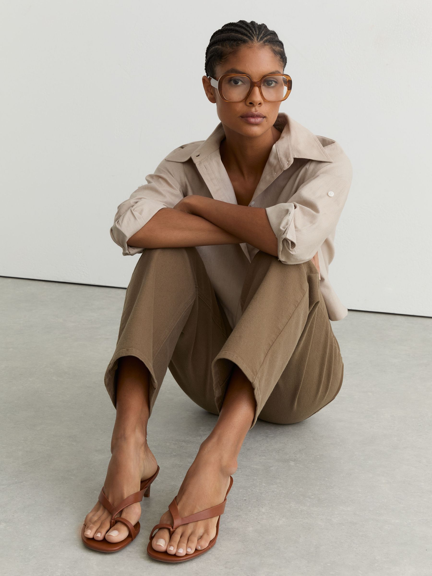 Leather Lizard-Effect Kitten-Heel Sandals in Tan - Image 1 of 5