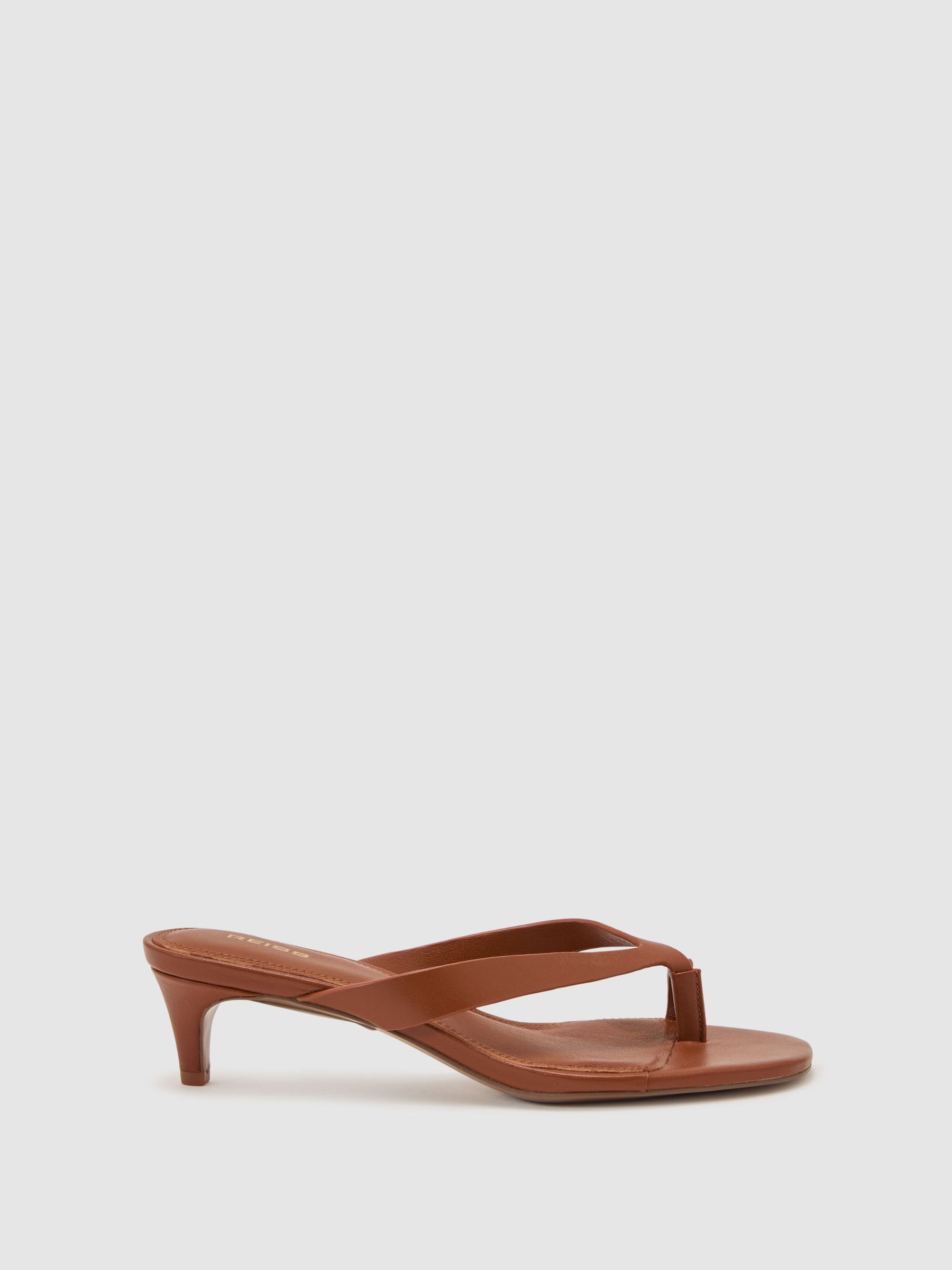 Leather Lizard-Effect Kitten-Heel Sandals in Tan - image 1