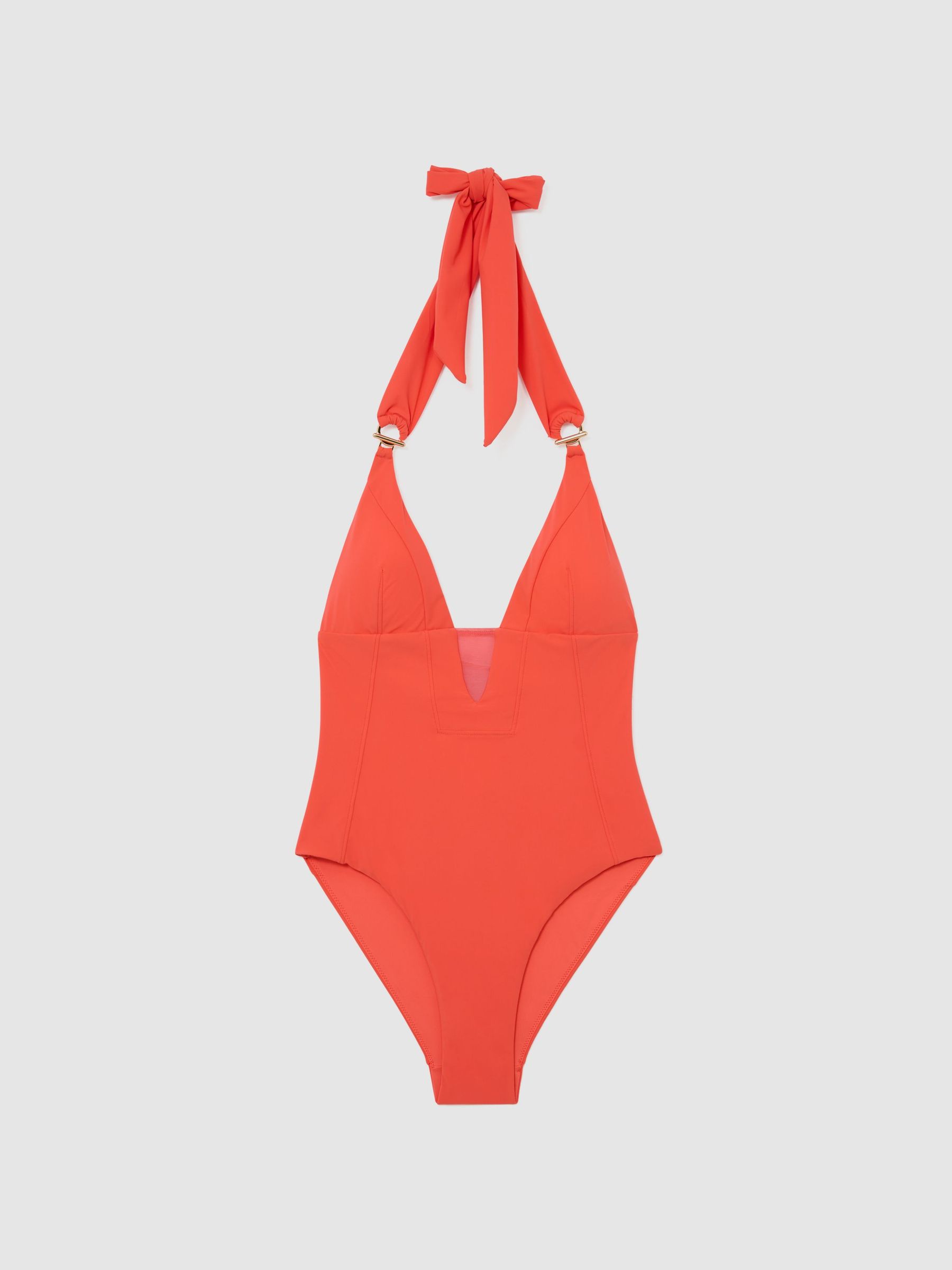 Mesh-Insert Halterneck Swimsuit in Coral Orange - Image 2 of 6
