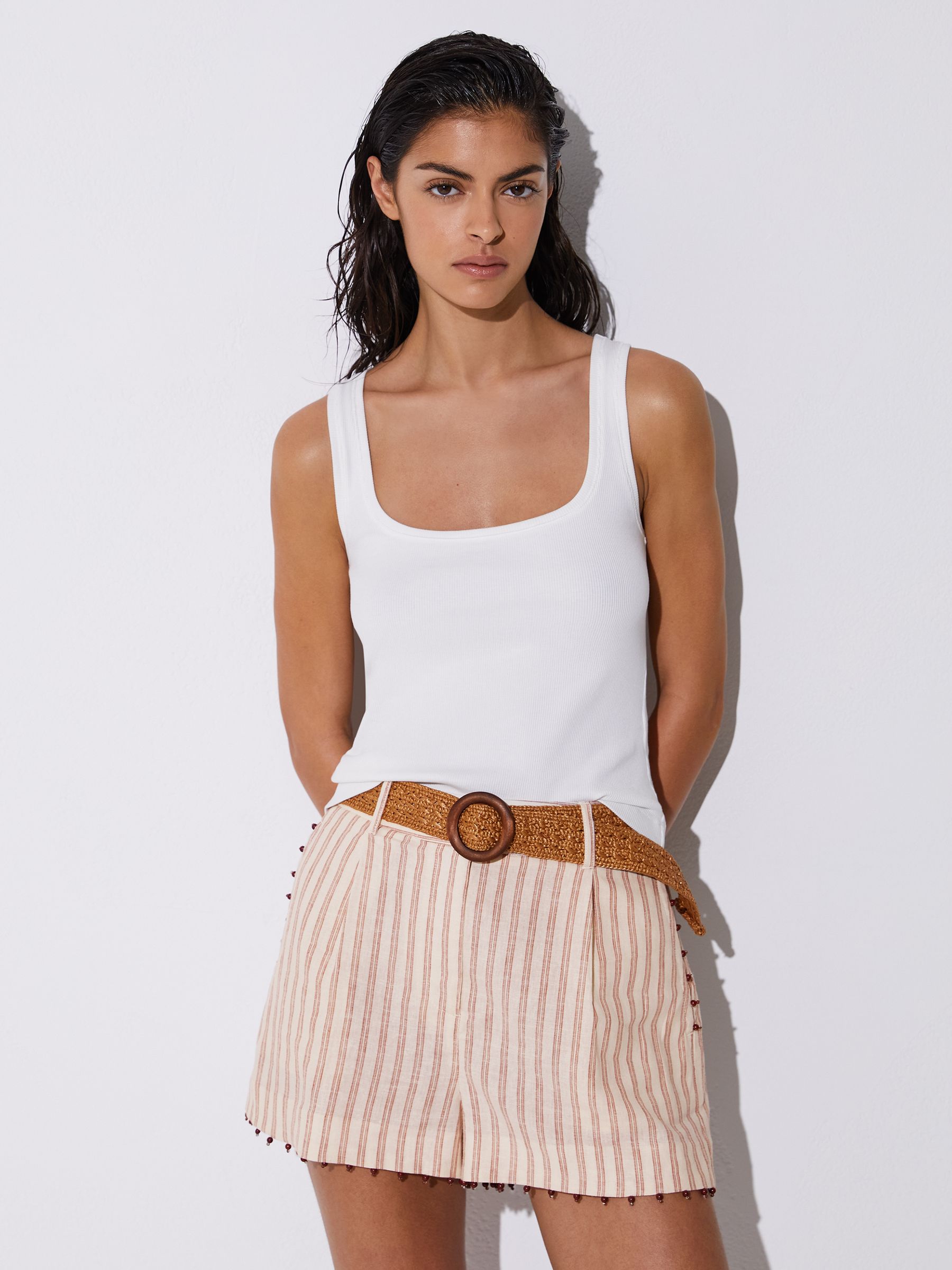 Linen-Blend Stripe Belted Shorts in Coral Orange/Ivory - image 2