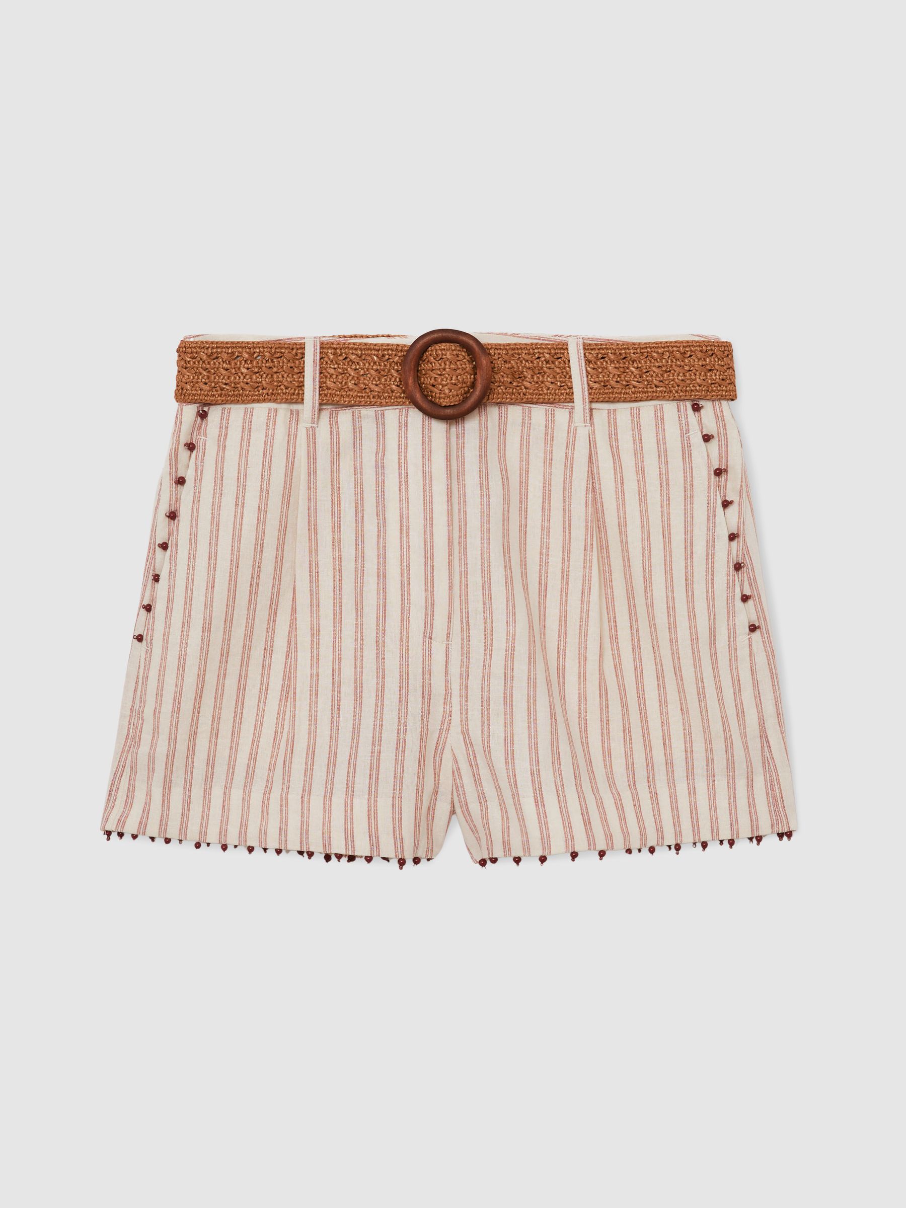 Linen-Blend Stripe Belted Shorts in Coral Orange/Ivory - image 1