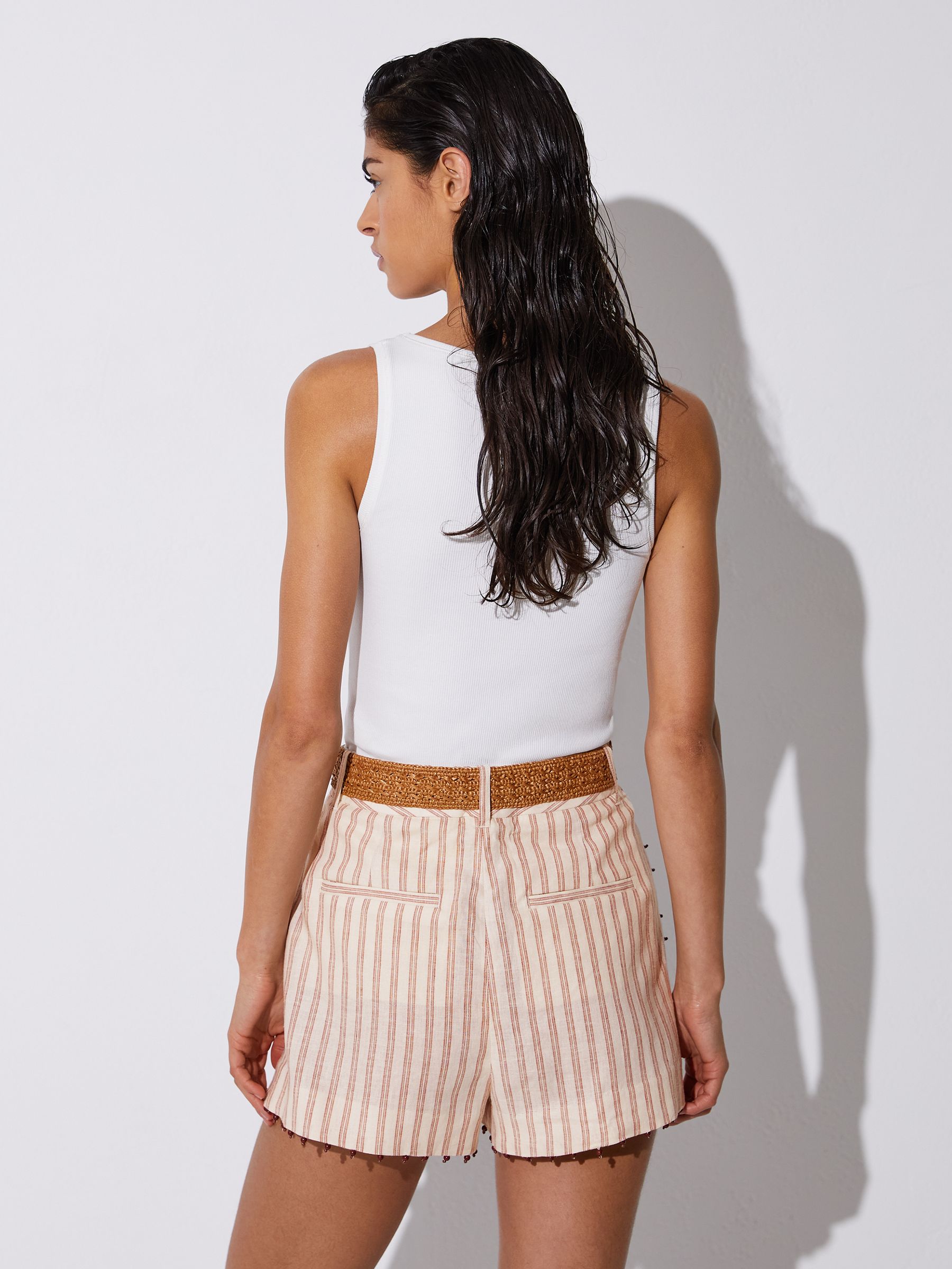 Linen-Blend Stripe Belted Shorts in Coral Orange/Ivory - image 3