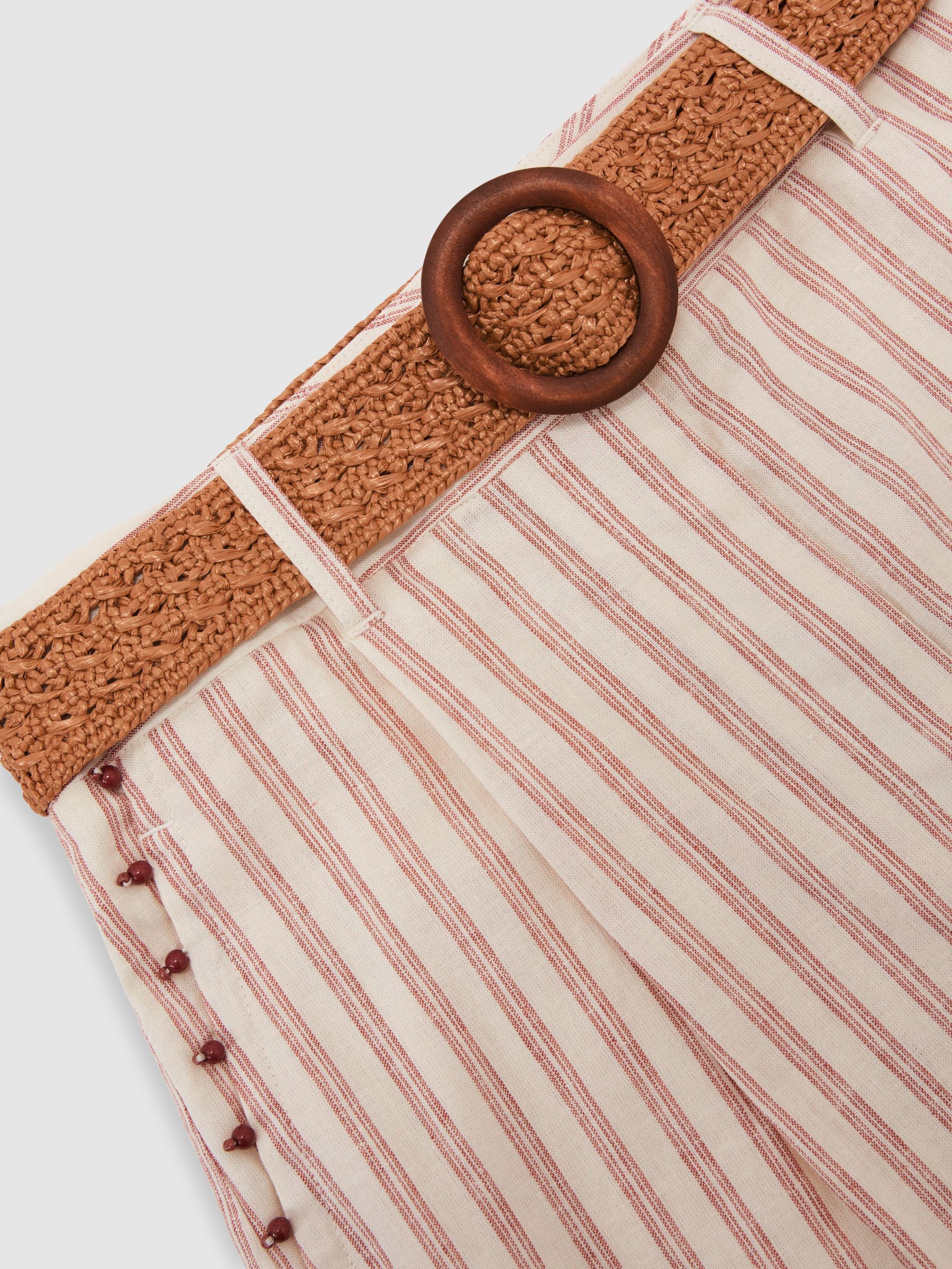 Linen-Blend Stripe Belted Shorts in Coral Orange/Ivory - image 4