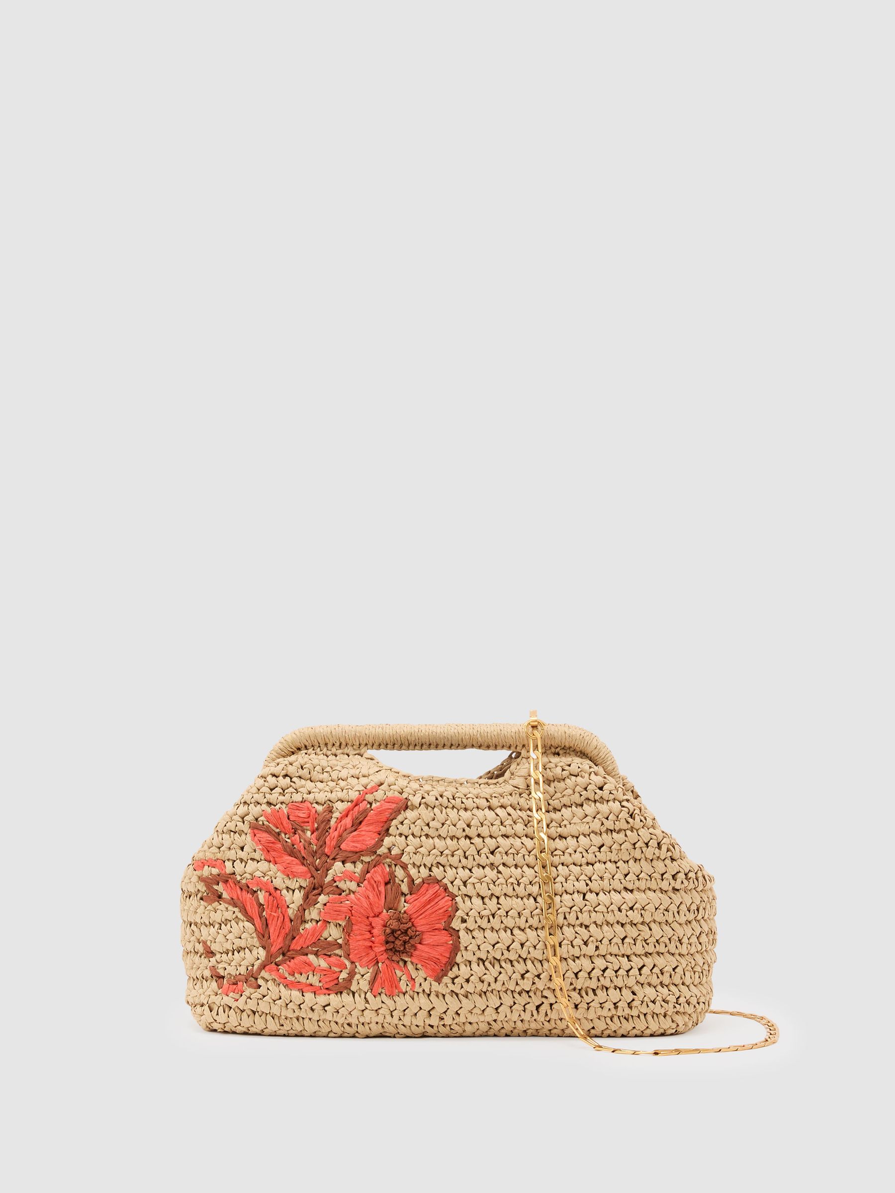 Raffia-Effect Embroidered Clutch Bag in Natural - image 1