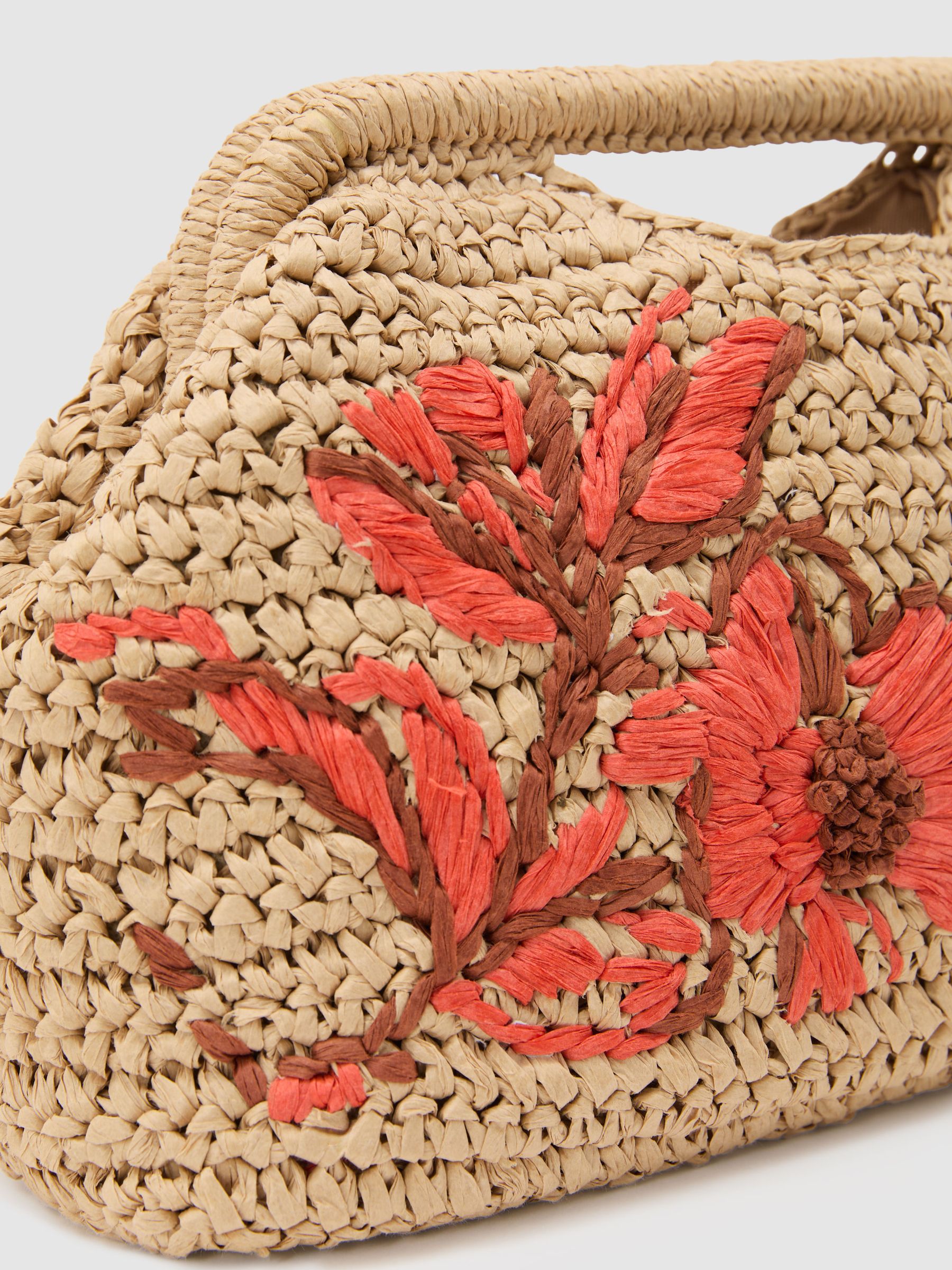 Raffia-Effect Embroidered Clutch Bag in Natural - image 3