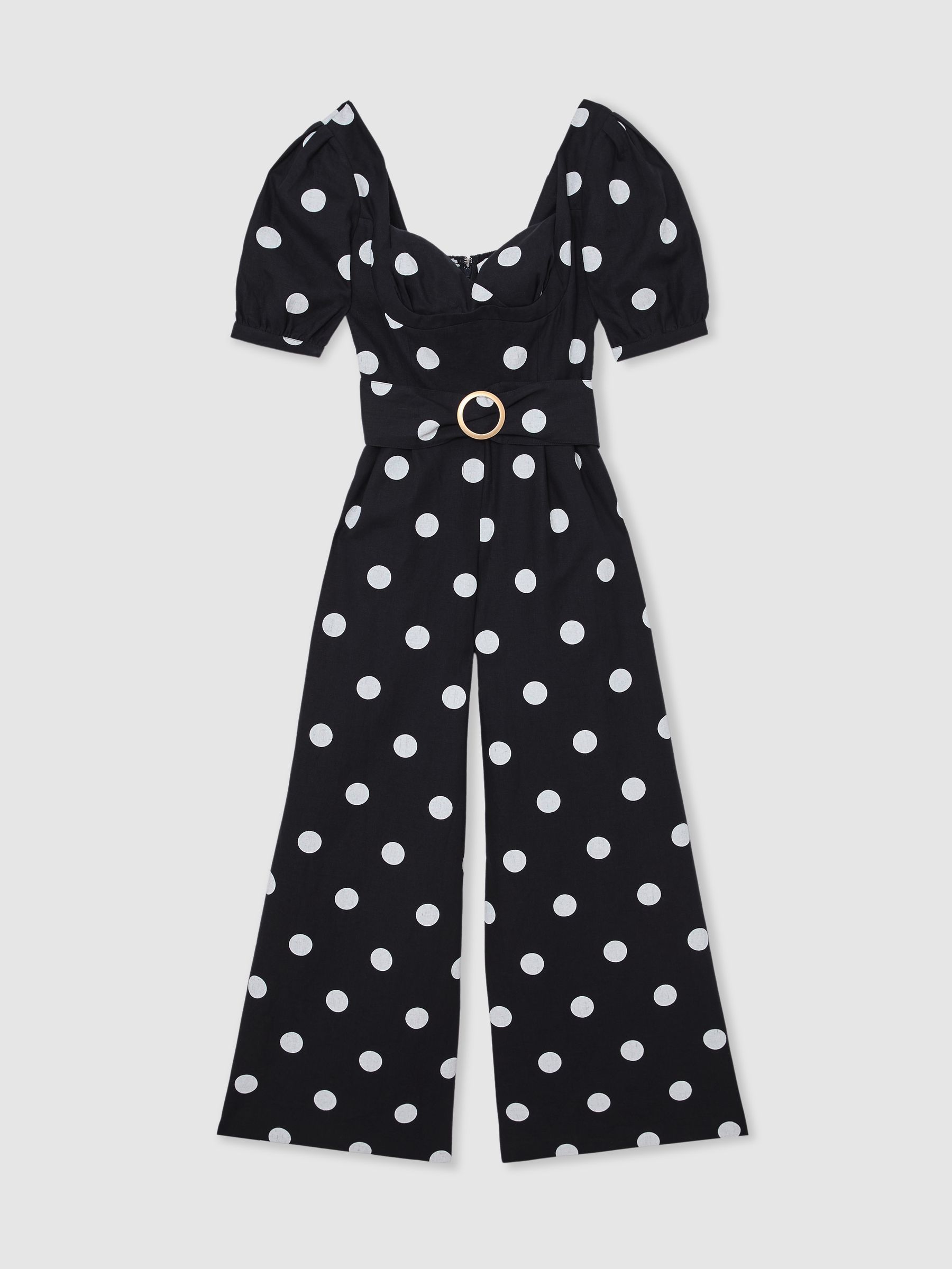 Linen Polka-Dot Wide-Leg Jumpsuit in Navy/Ivory - Image 2 of 6