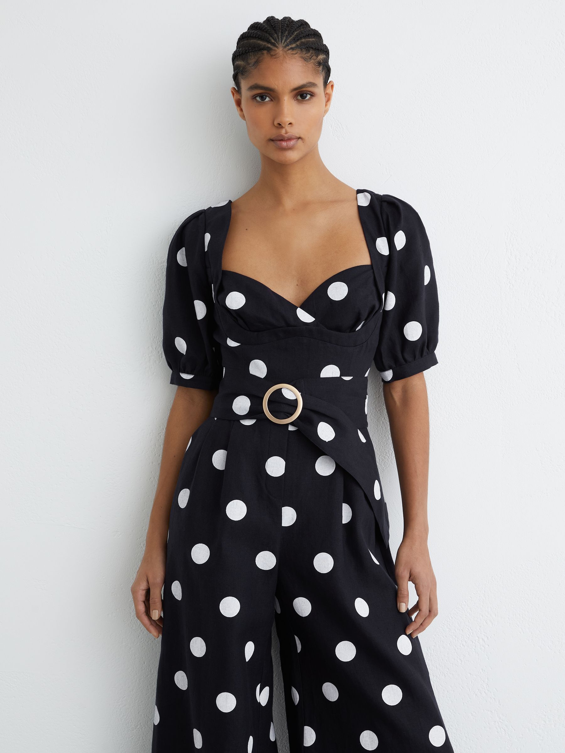 Linen Polka-Dot Wide-Leg Jumpsuit in Navy/Ivory - Image 3 of 6