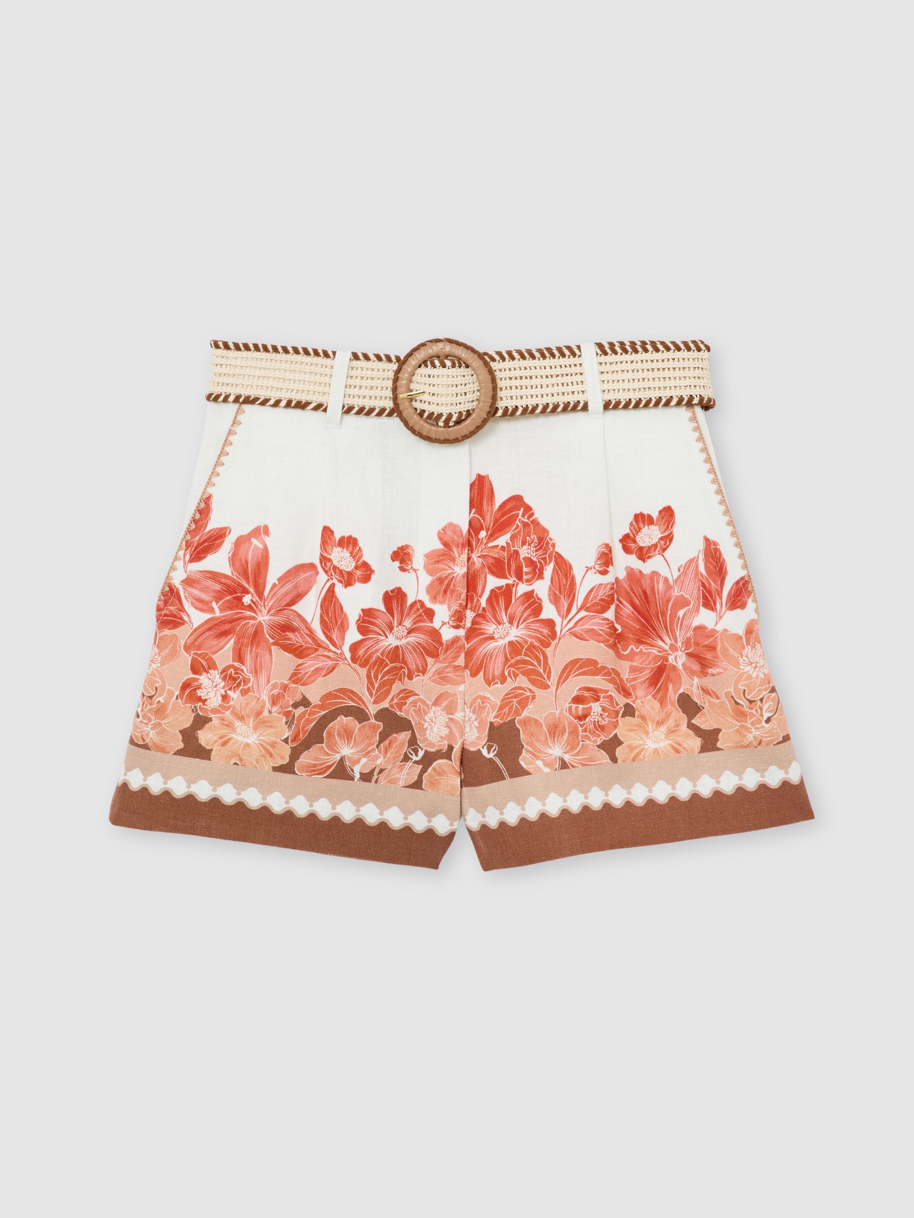 Linen Floral-Print Belted Shorts in Pink Print - image 1