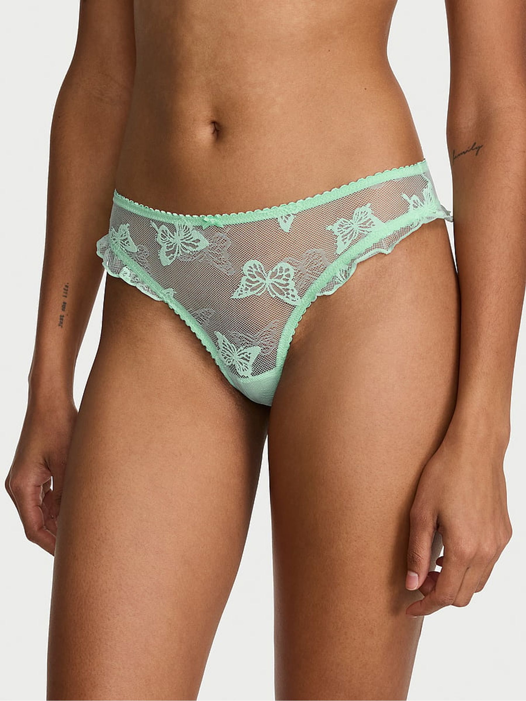 Spring Mint Green Thong Butterfly Mesh Knickers - Image 1 of 2