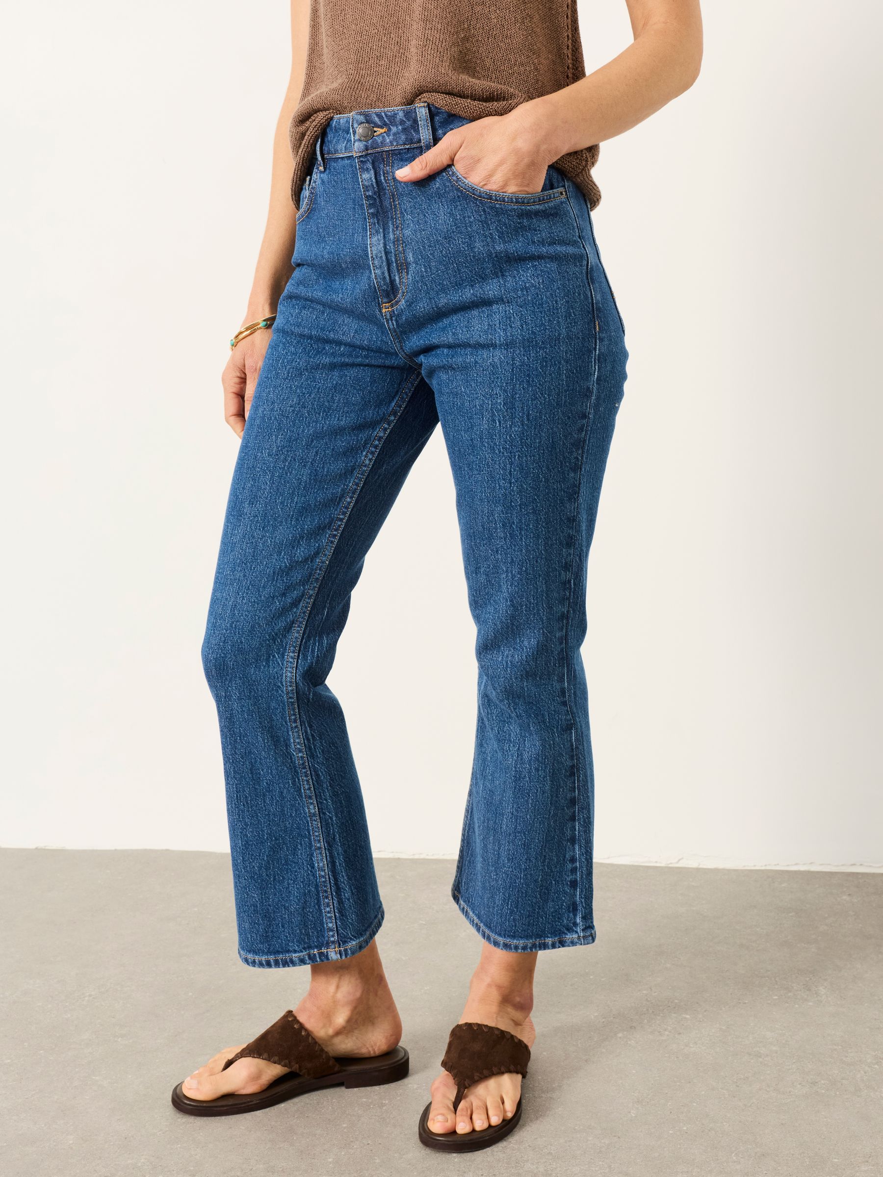 Blue Denim Laser Printed Straight Leg Crop Jeans - Image 1 of 6 Blue Denim Laser Printed Straight Leg Crop Jeans - Image 1 of 6
