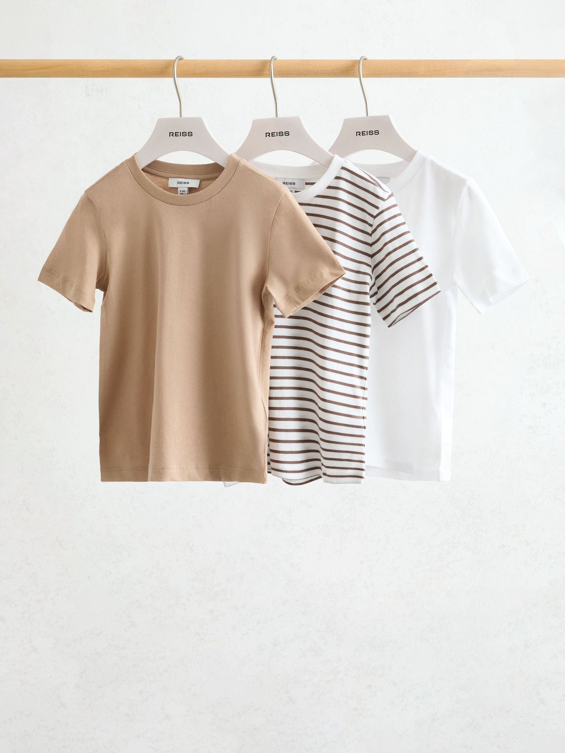 3 Pack Stripe T-Shirt in Stone/Brown Stripe/White - Image 2 of 3 3 Pack Stripe T-Shirt in Stone/Brown Stripe/White - Image 2 of 3