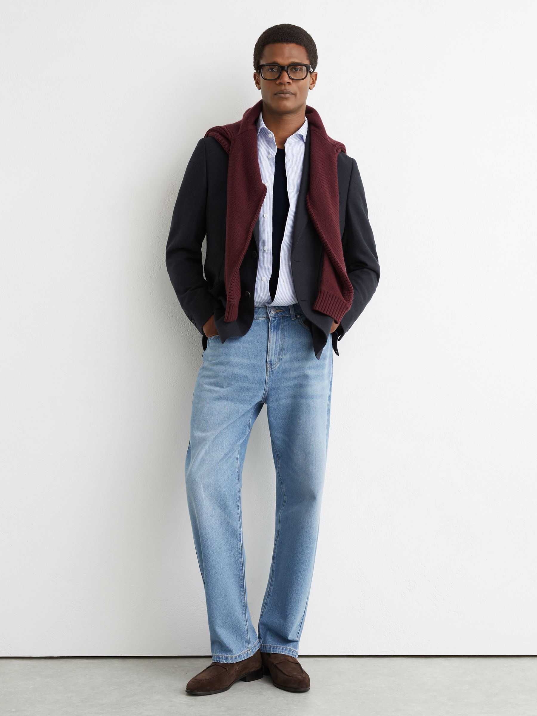 Flannel Single-Breasted Blazer Tailored-Fit with Wool in Navy - Image 3 of 9