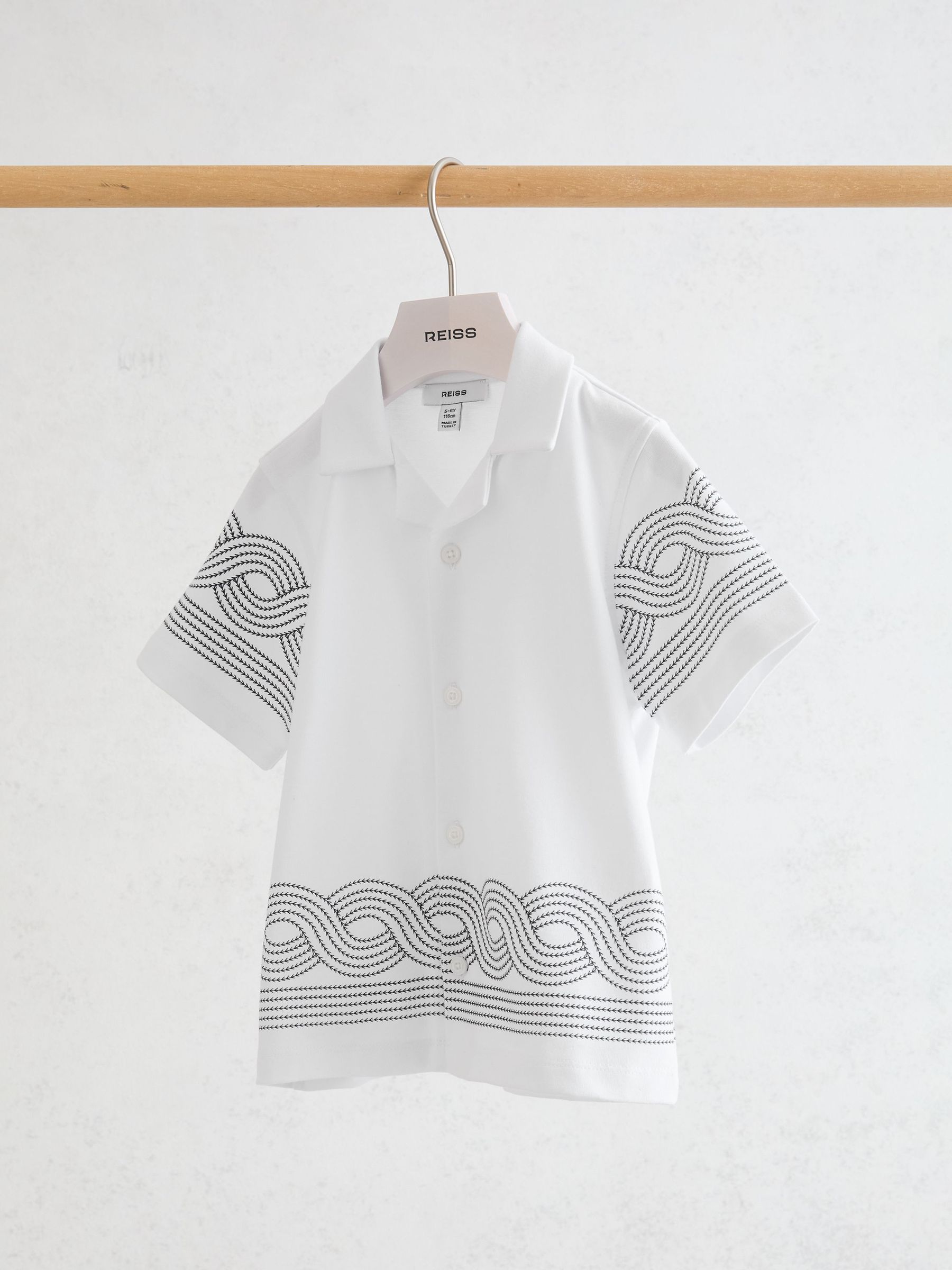 Cotton Embroidered Cuban-Collar Shirt in White/Navy - Image 1 of 3