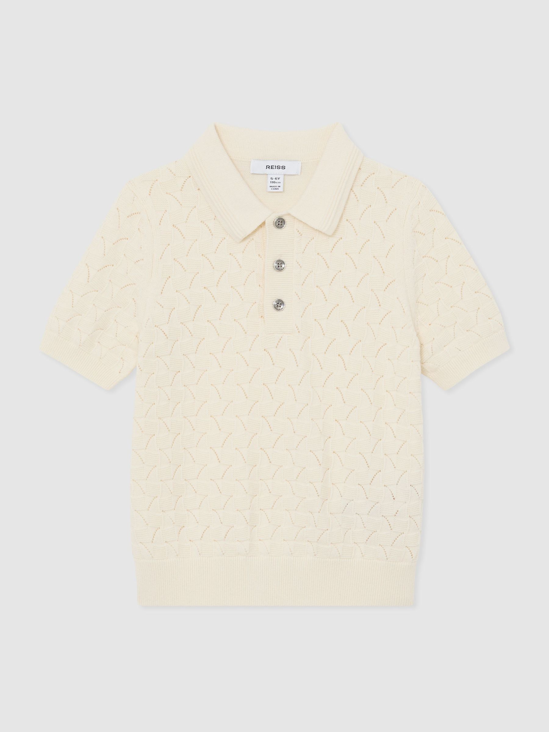 Cotton Pointelle-Knit Polo Shirt in Off White - Image 1 of 3 Cotton Pointelle-Knit Polo Shirt in Off White - Image 1 of 3