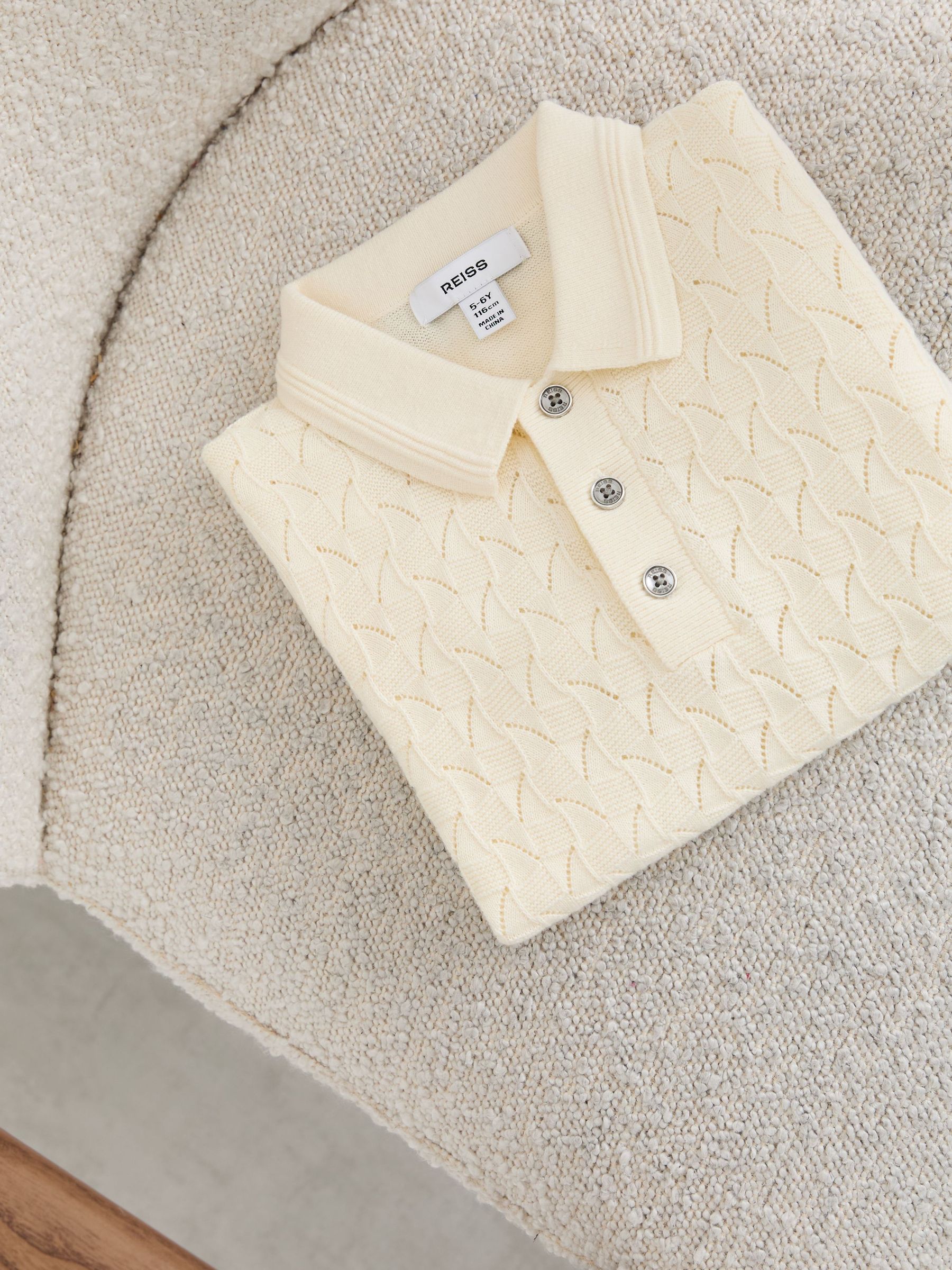Cotton Pointelle-Knit Polo Shirt in Off White - Image 2 of 3 Cotton Pointelle-Knit Polo Shirt in Off White - Image 2 of 3